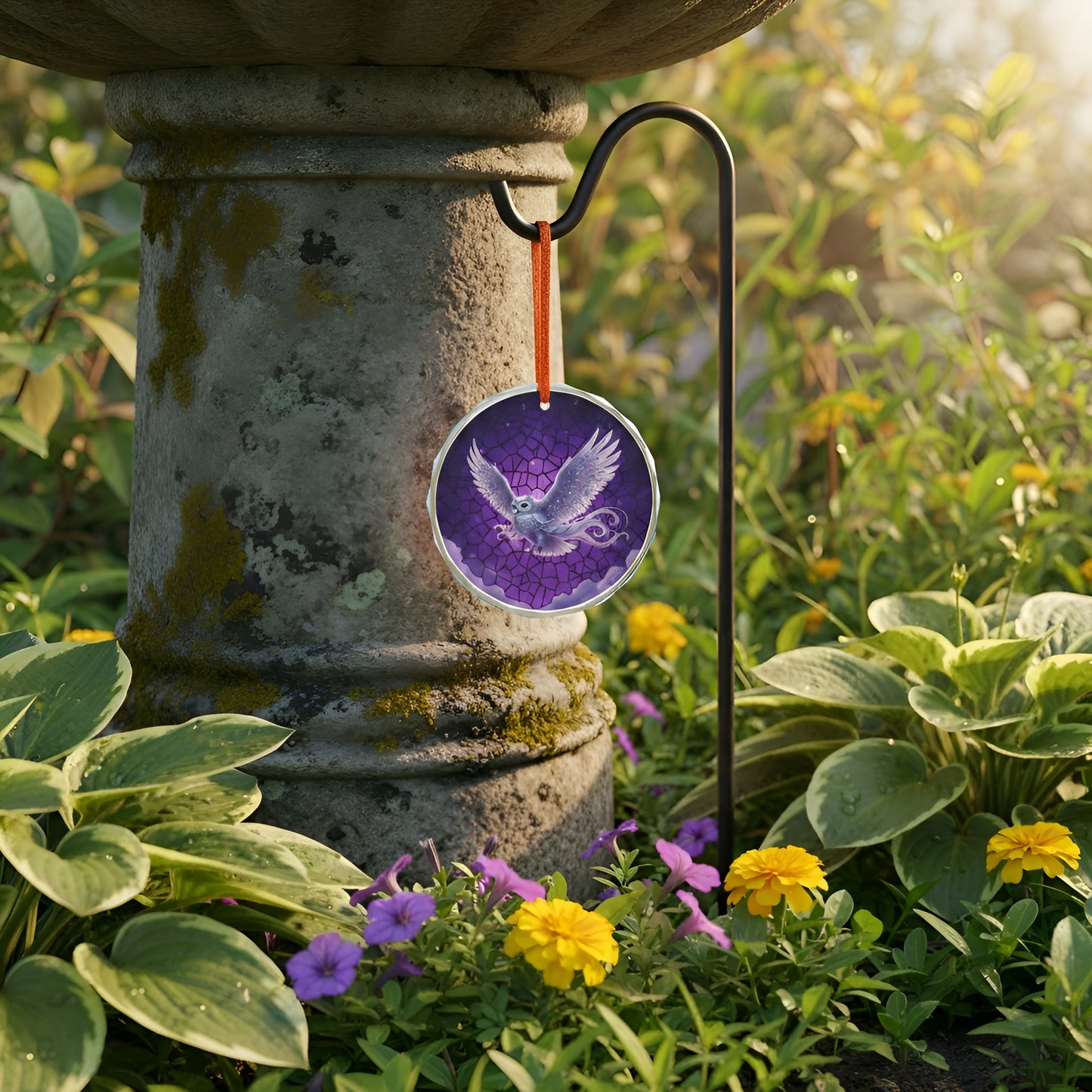 Colorful stained glass fantasy owl suncatcher ornament hanging with intricate details, ideal for home decor.
