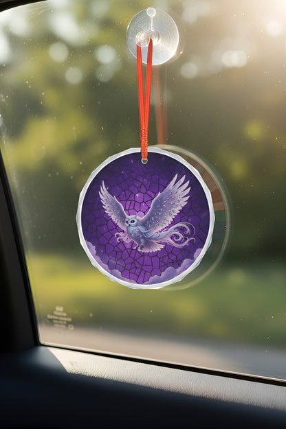 Colorful stained glass fantasy owl suncatcher ornament for home decor featuring intricate glasswork and vibrant hues.