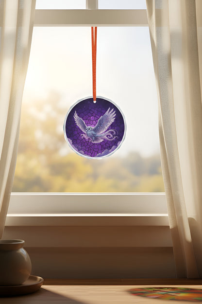 Colorful stained glass fantasy owl suncatcher ornament hanging with intricate details for home decor.