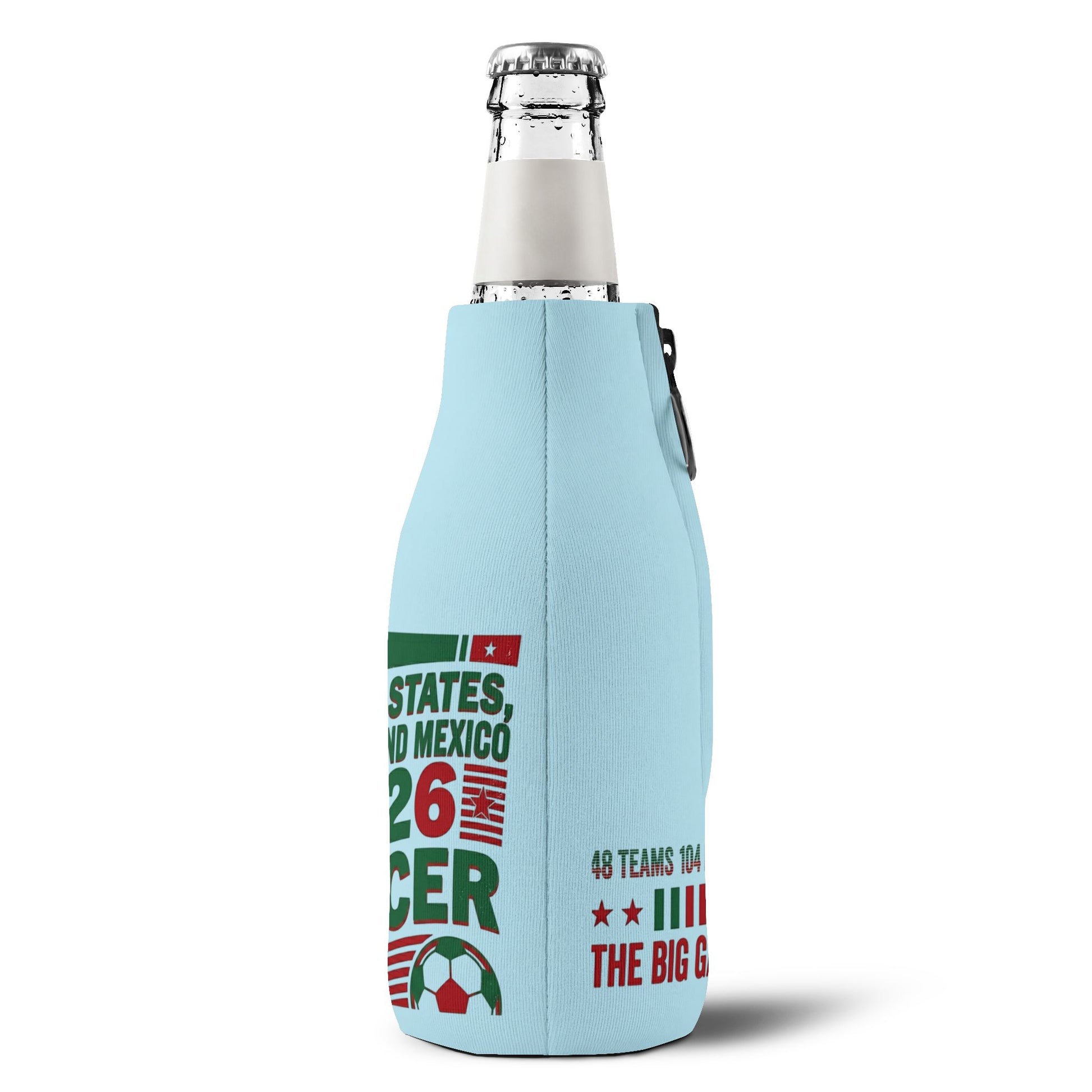 Personalized soccer chick bottle koozie for 2026 World Cup USA, Canada & Mexico, branded by Printify, with colorful soccer design.