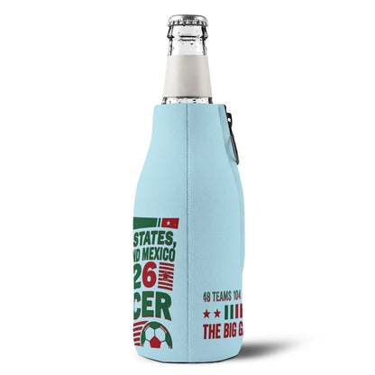 Personalized soccer chick bottle koozie for 2026 World Cup USA, Canada & Mexico, branded by Printify, with colorful soccer design.