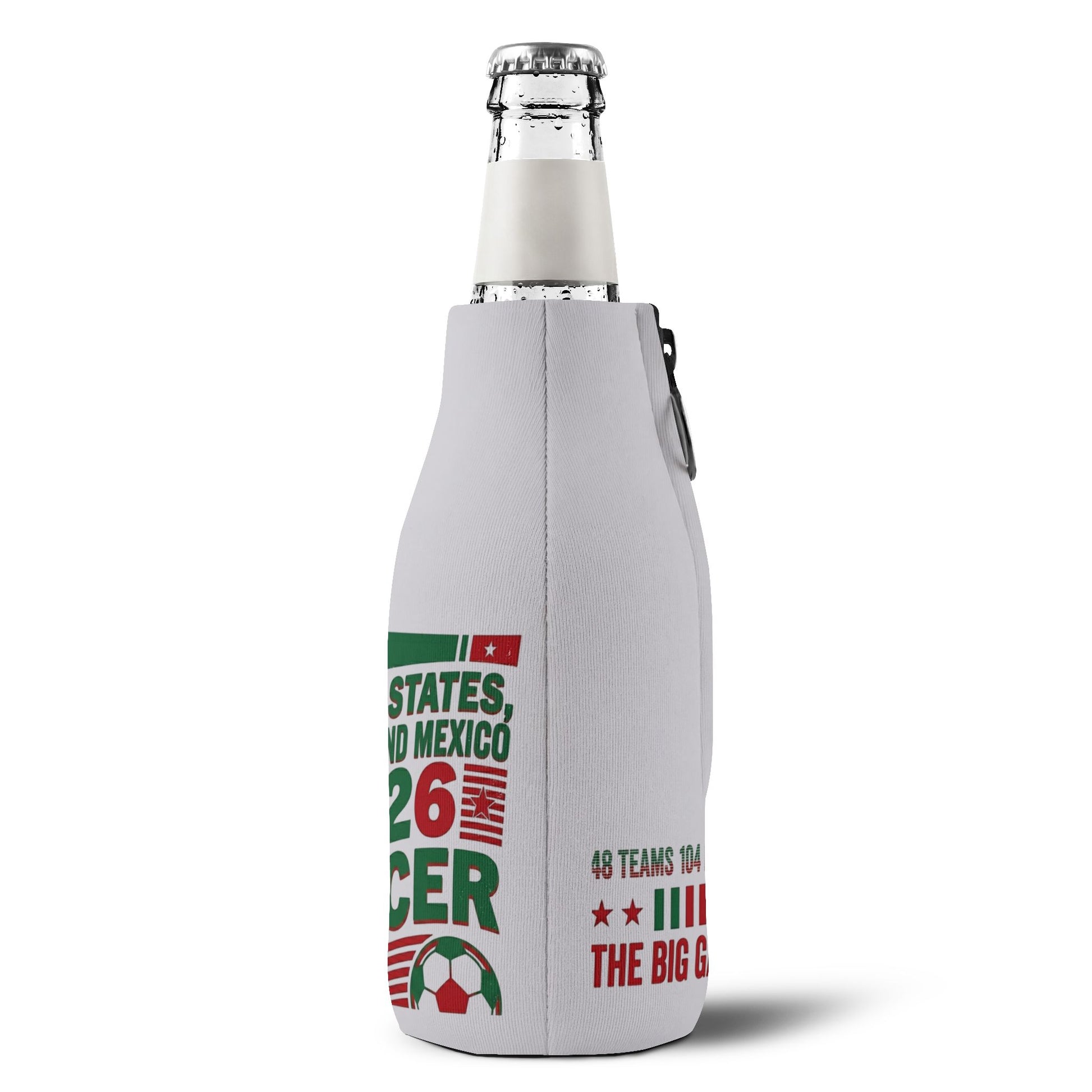 Personalized soccer chick bottle koozie, USA, Canada & Mexico 2026 World Cup accessories by Printify, features a colorful soccer design.