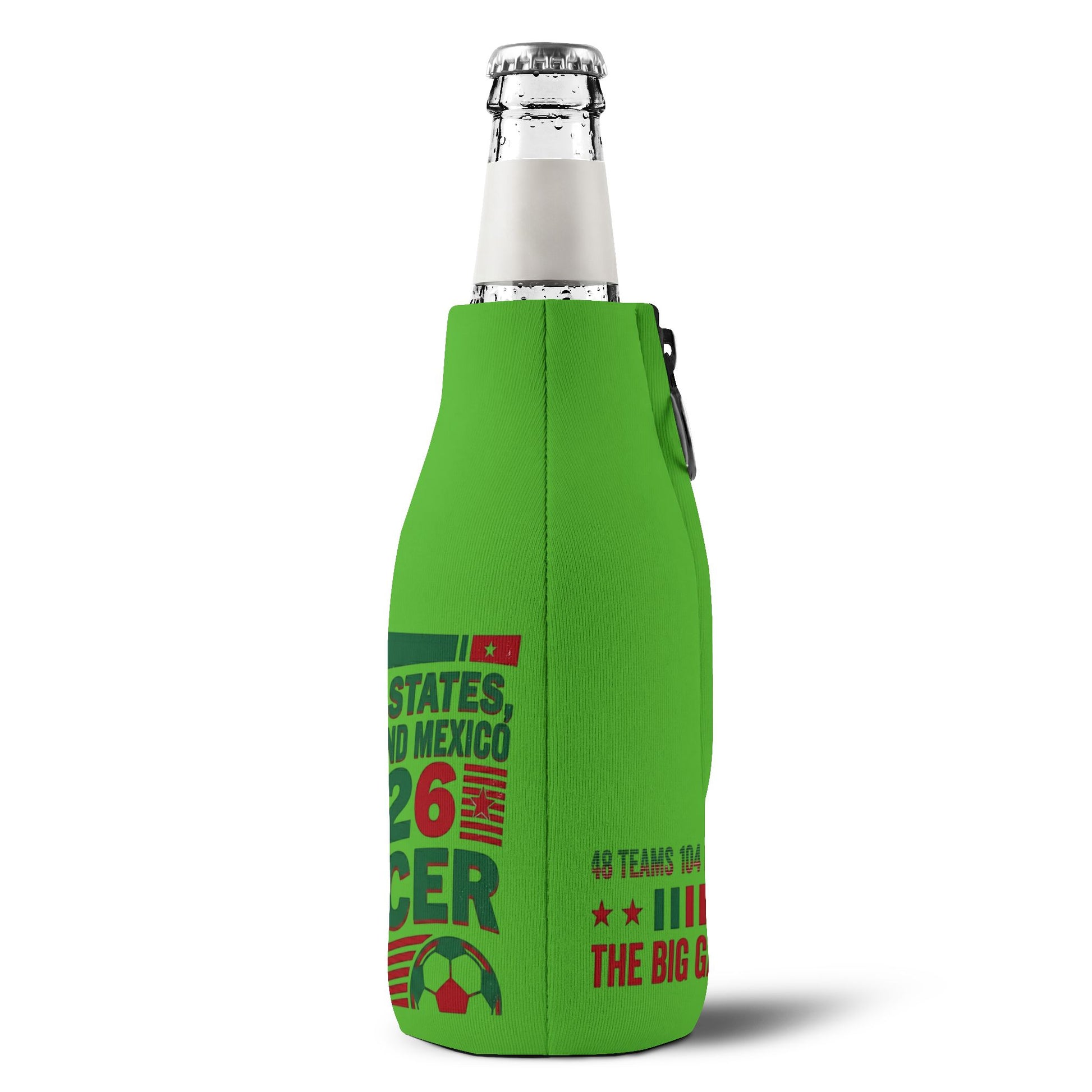 Personalized soccer chick bottle koozie for 2026 World Cup, featuring USA, Canada, and Mexico, by Printify.