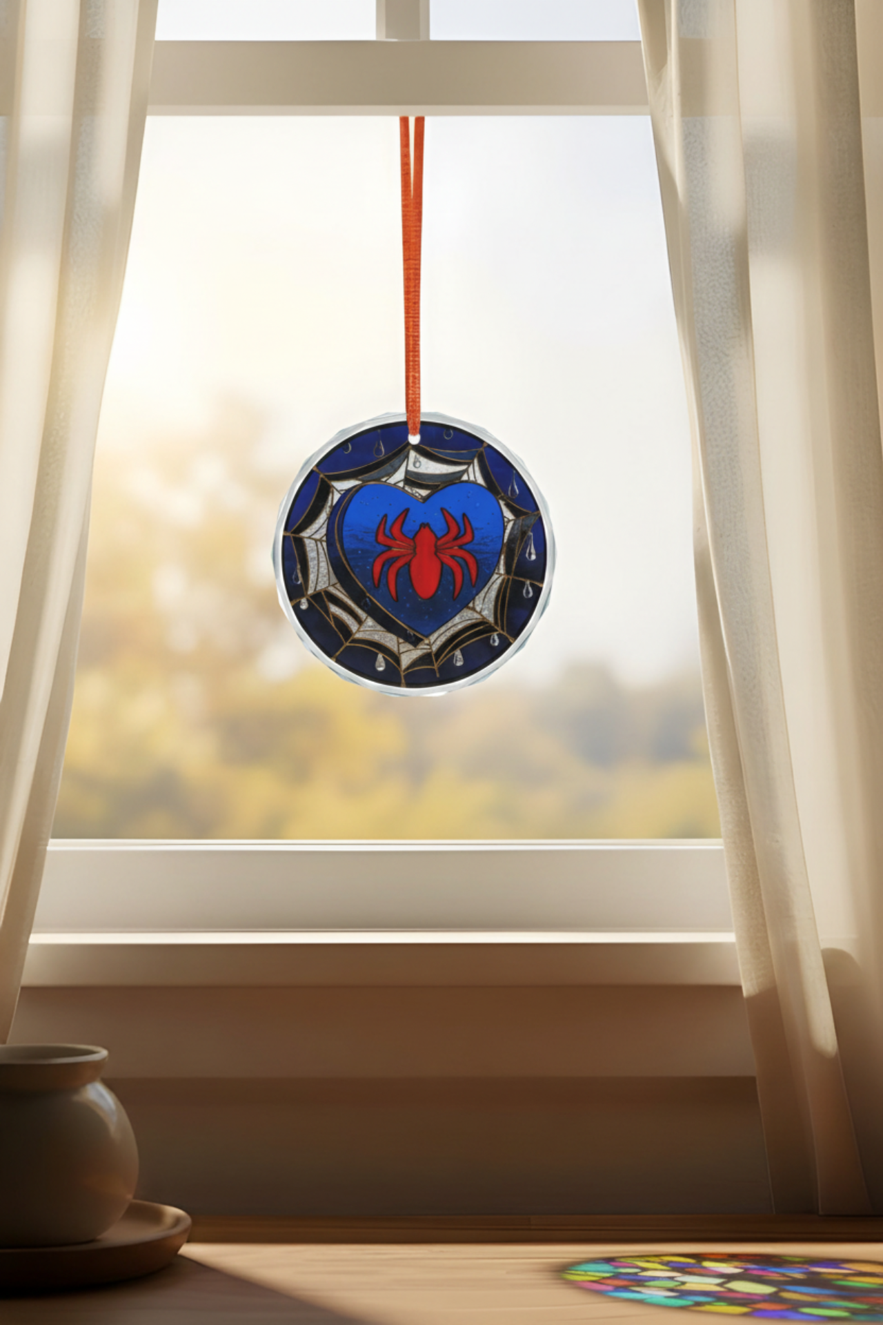 Spider Heart stained glass suncatcher ornament featuring Spiderman-inspired web and heart design, perfect for home decor.