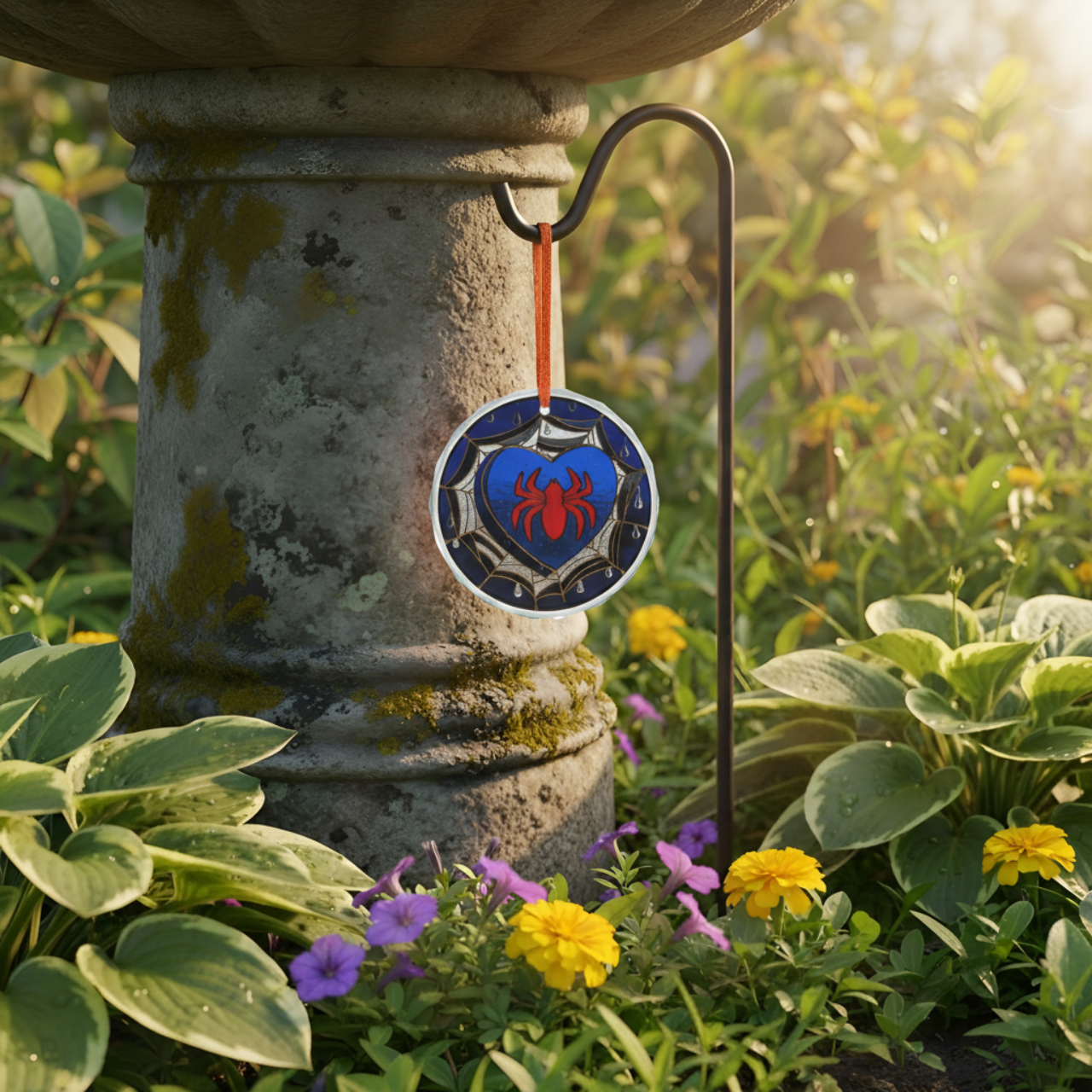 Spider Heart stained glass suncatcher ornament featuring Spiderman-inspired web and heart design, perfect for home decor.