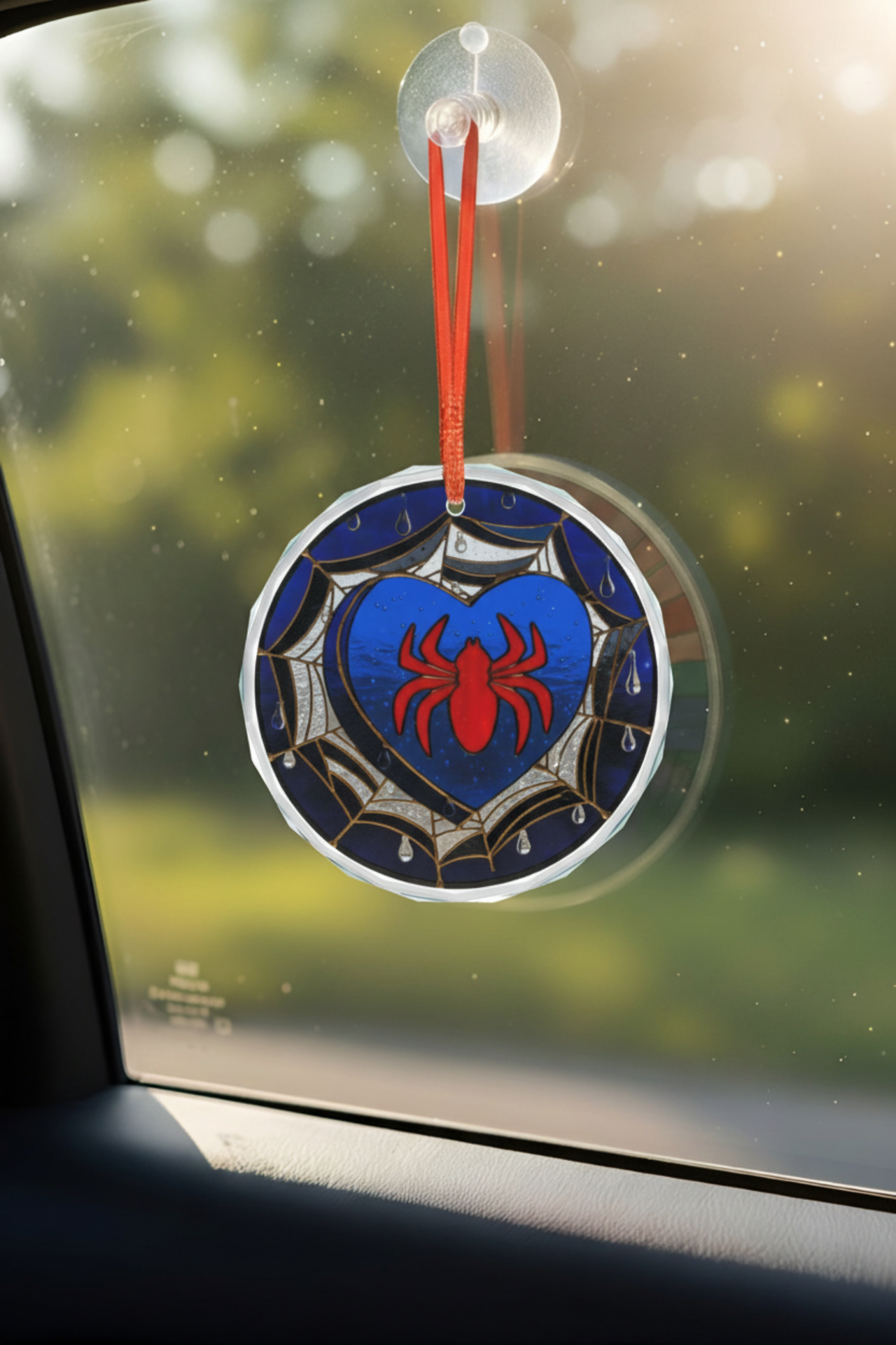 Spider Heart stained glass suncatcher ornament with web and heart design, ideal for home decor inspired by Spiderman.