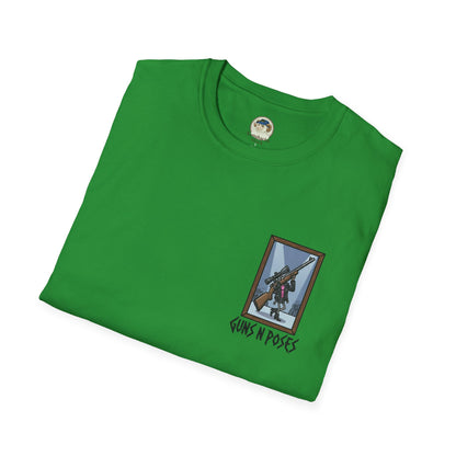 Black T-shirt featuring a colorful graphic of guns in various artistic poses, printed by Printify.