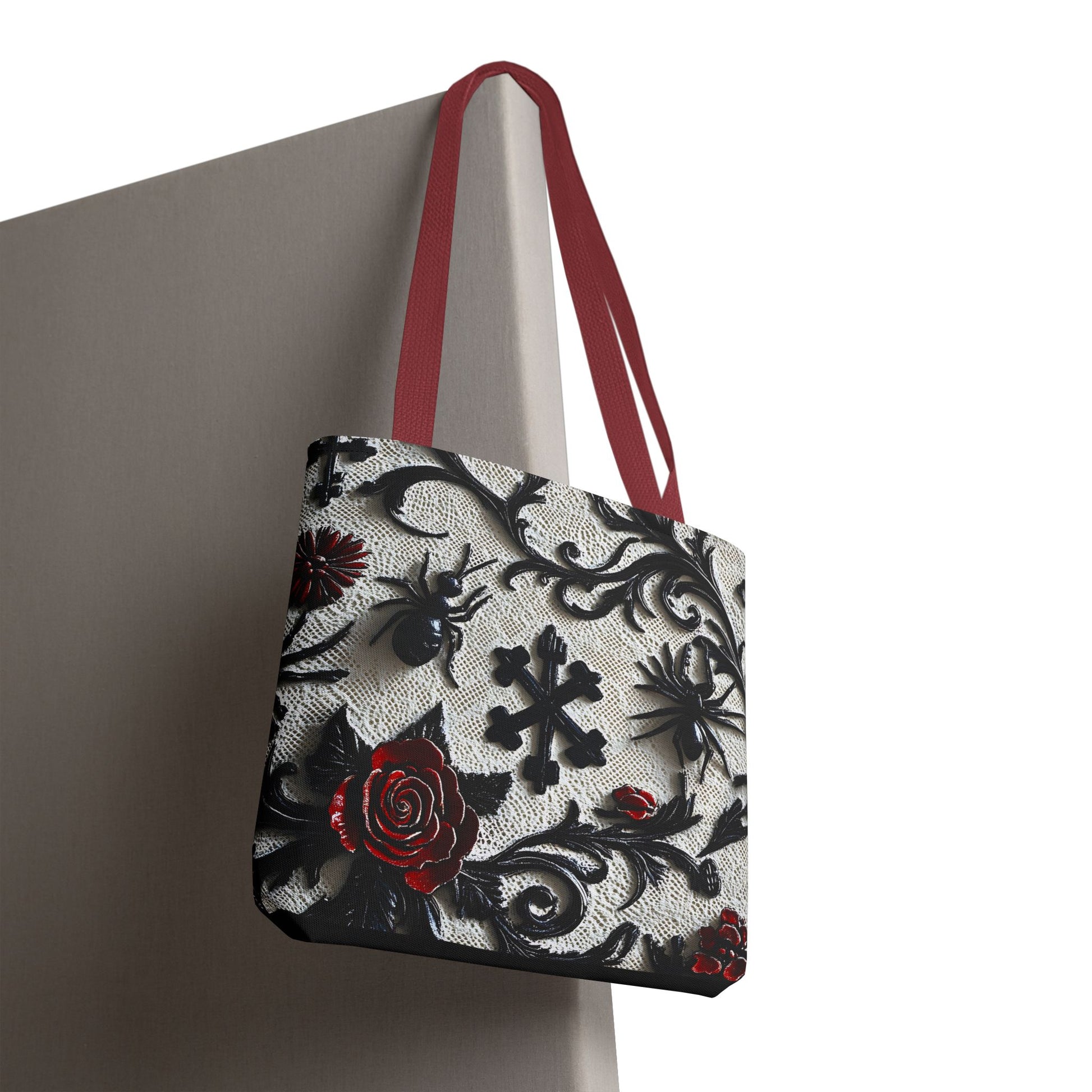 Gothic filigree tote bag with ornate dark floral all-over print, featuring a stylish and intricate design from Printify.