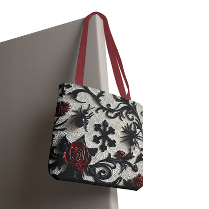 Gothic filigree tote bag with ornate dark floral all-over print, featuring a stylish and intricate design from Printify.
