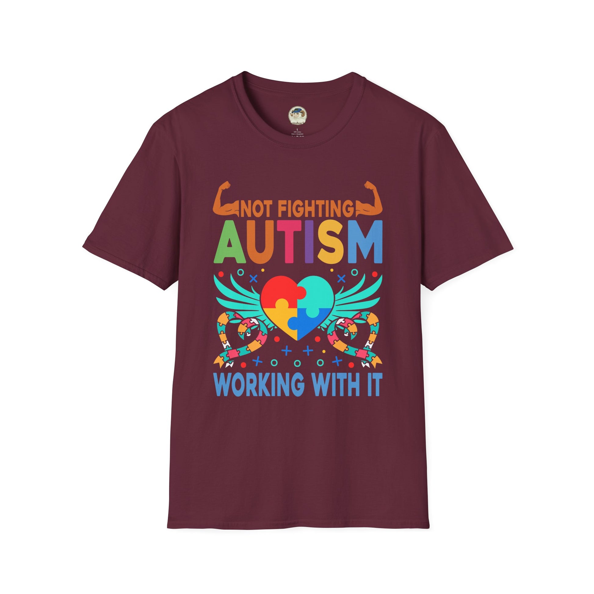 Autism Awareness T-Shirt — "Not Fighting Autism, Working With It" Puzzle Ribbon Tee - Ramshackle Shack