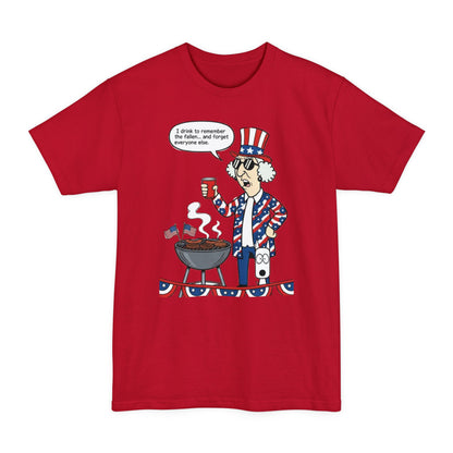 Sassy Max "I Drink to Remember" patriotic funny graphic T-shirt by Tall Beefy-T® on white fabric, featuring a humorous drink-themed design.