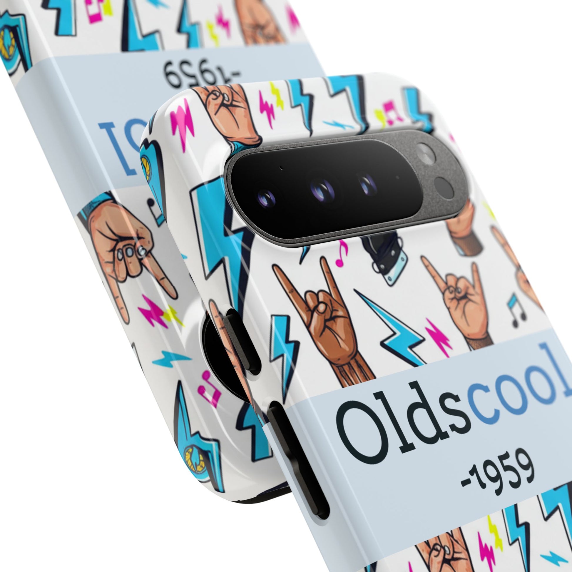 Retro Rock 'Oldscool 1959' Phone Case – Lightning & Rock Hand Pattern - Ramshackle Shack