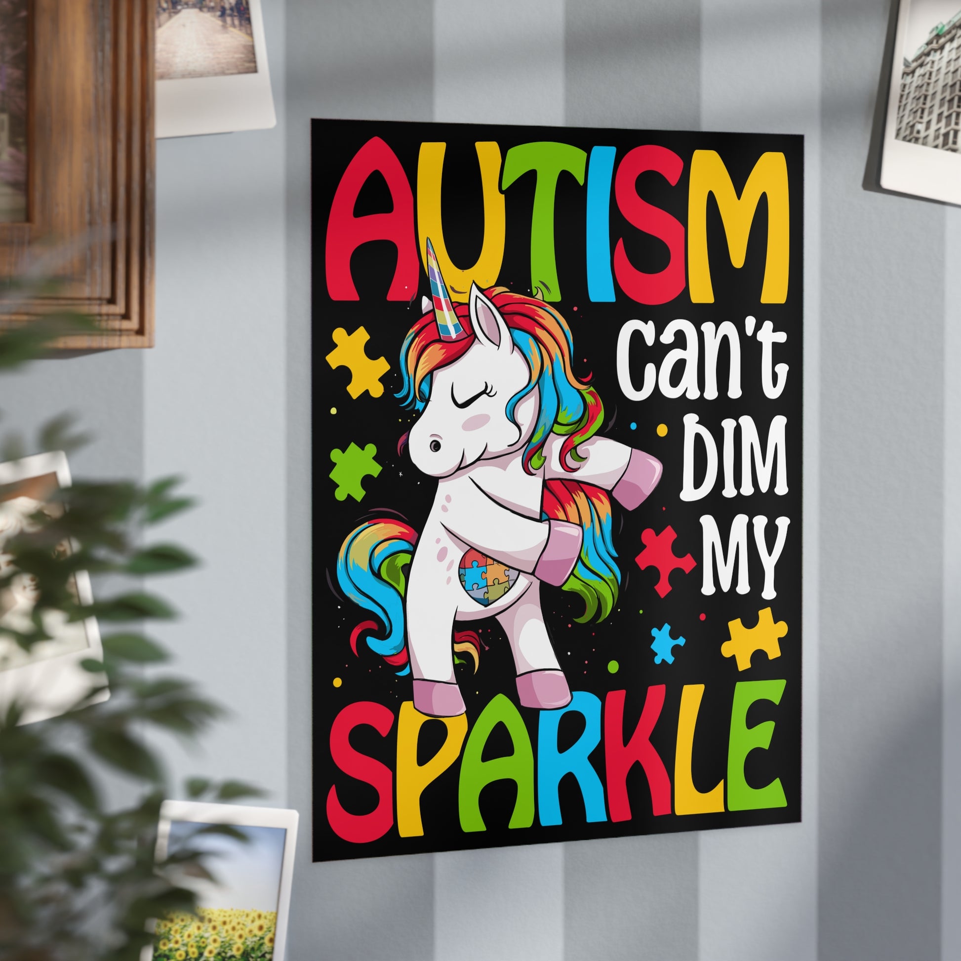 Autism Can't Dim My Sparkle print on paper product, colorful design celebrating autism awareness and individuality.