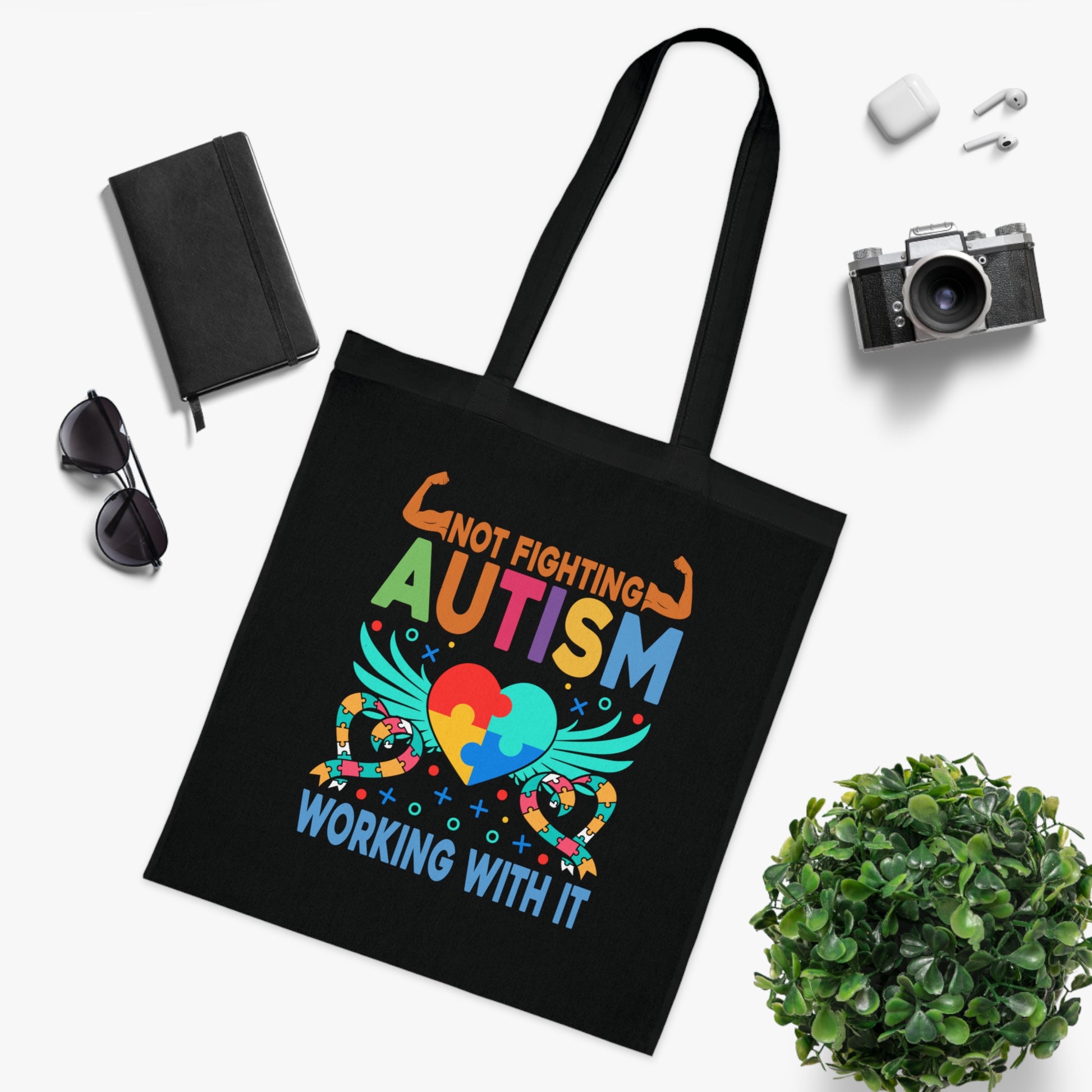 Autism Awareness Puzzle-Heart Cotton Tote — “Not Fighting Autism, Working With It” - Ramshackle Shack