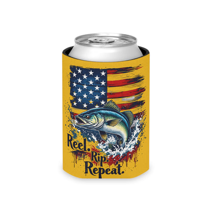 Can Cooler — "Reel, Rip, Repeat" American Flag Jumping Fish - Ramshackle Shack