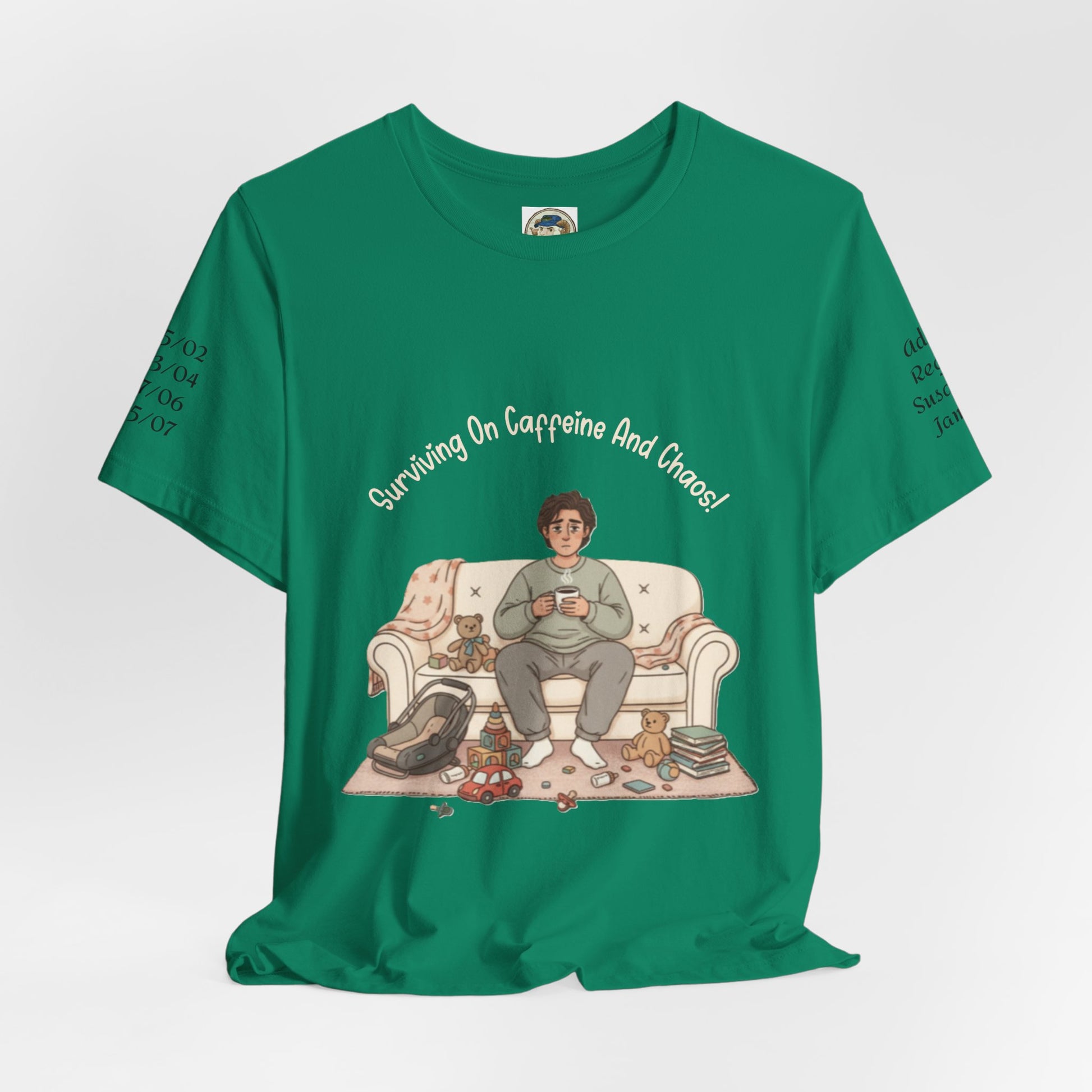 Dad 'Surviving on Caffeine and Chaos' Tee — Custom Names & Dates, 'Believe You Can' Back - Ramshackle Shack