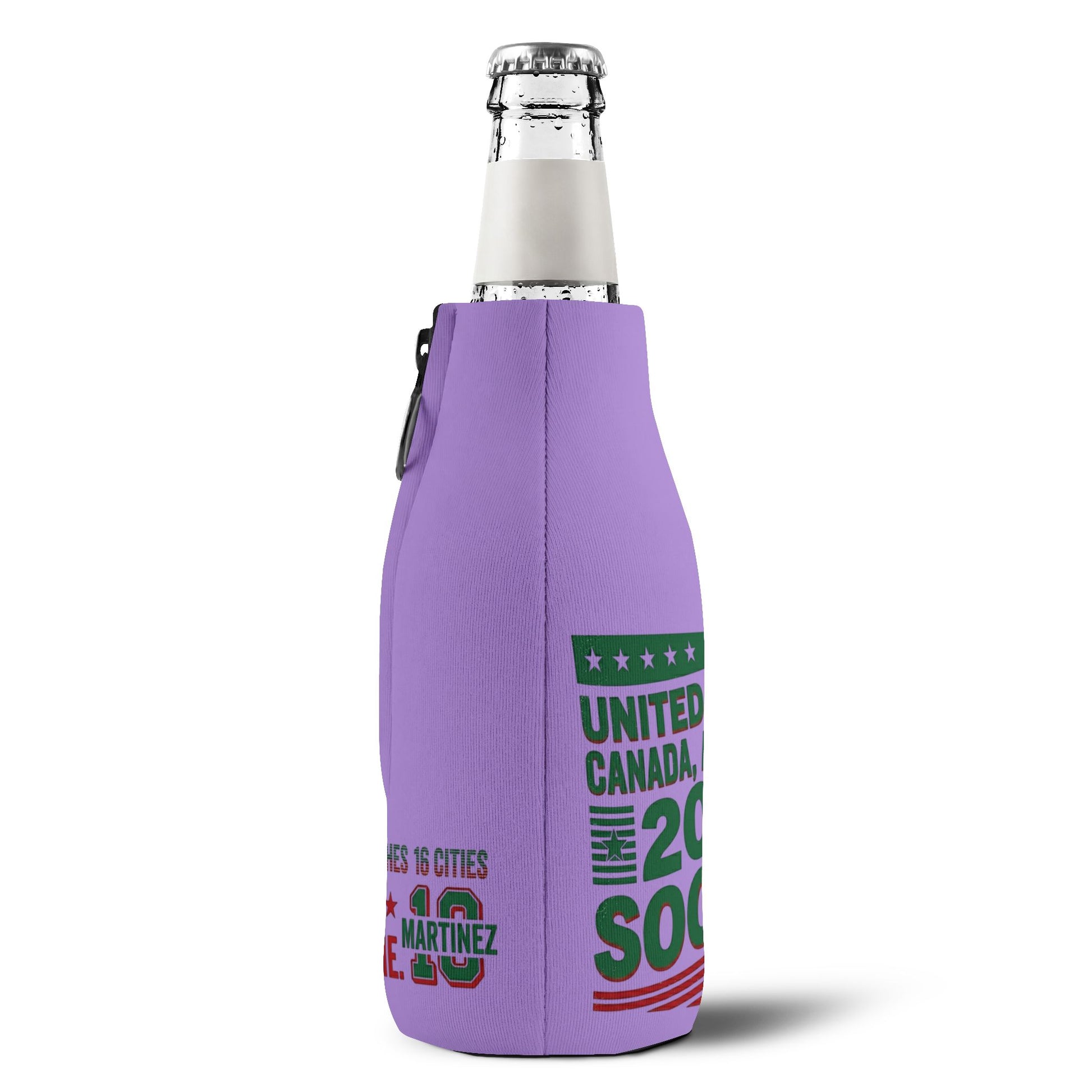 Personalized soccer chick bottle koozie with 2026 World Cup design, featuring USA, Canada, and Mexico for fans and accessories.