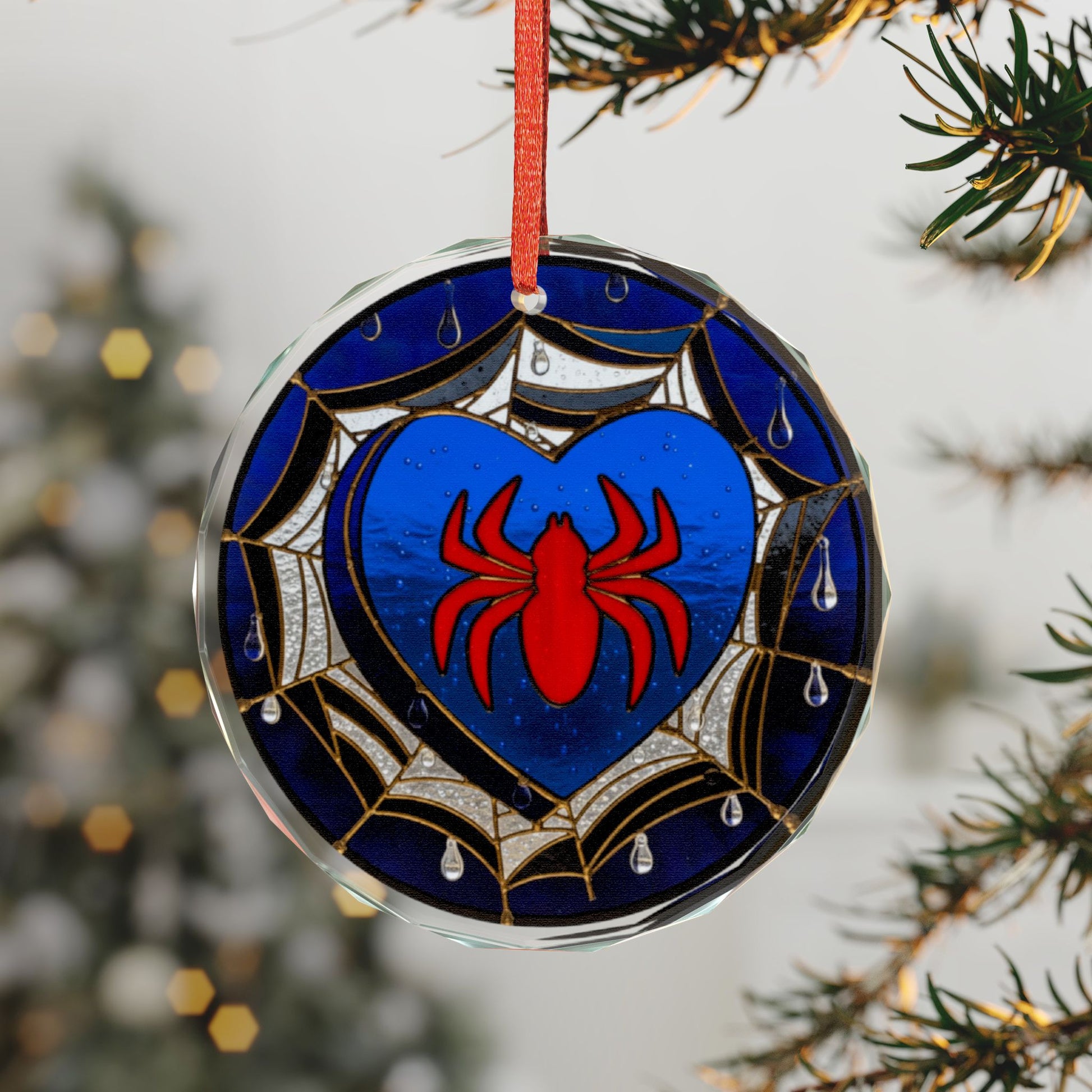 Spider Heart stained glass suncatcher ornament featuring Spiderman-inspired web and heart design, ideal for home decor.