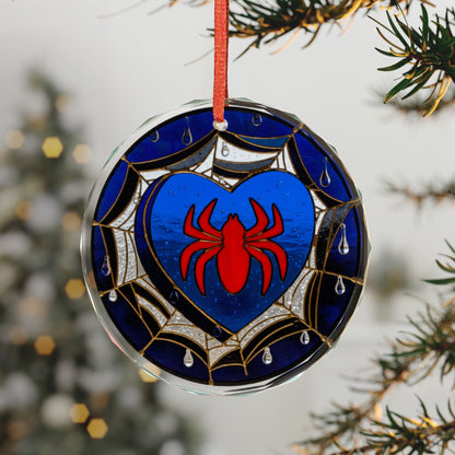 Spider Heart stained glass suncatcher ornament featuring Spiderman-inspired web and heart design, ideal for home decor.