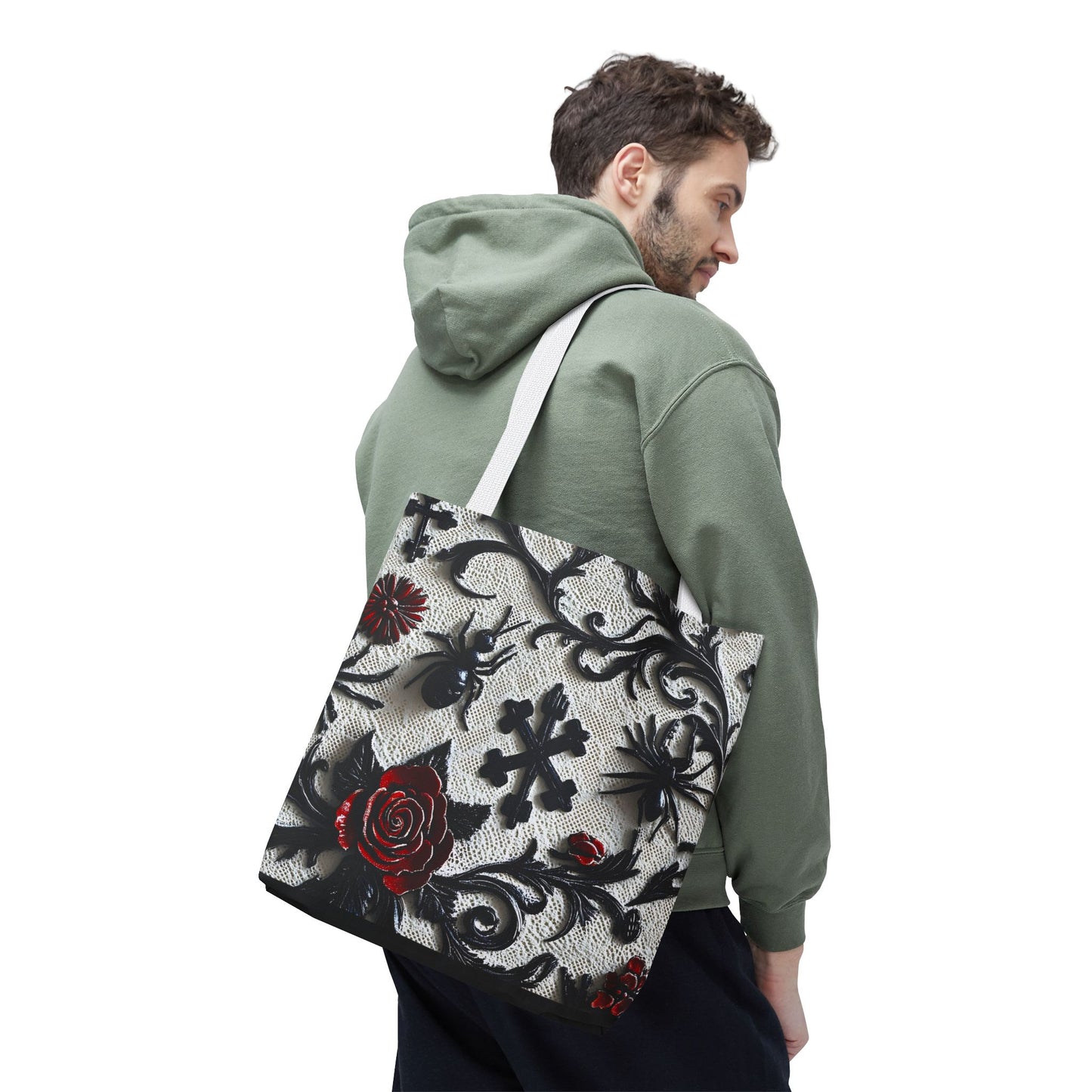 Gothic filigree tote bag with ornate dark floral all-over print, featuring intricate design and spacious bag style.