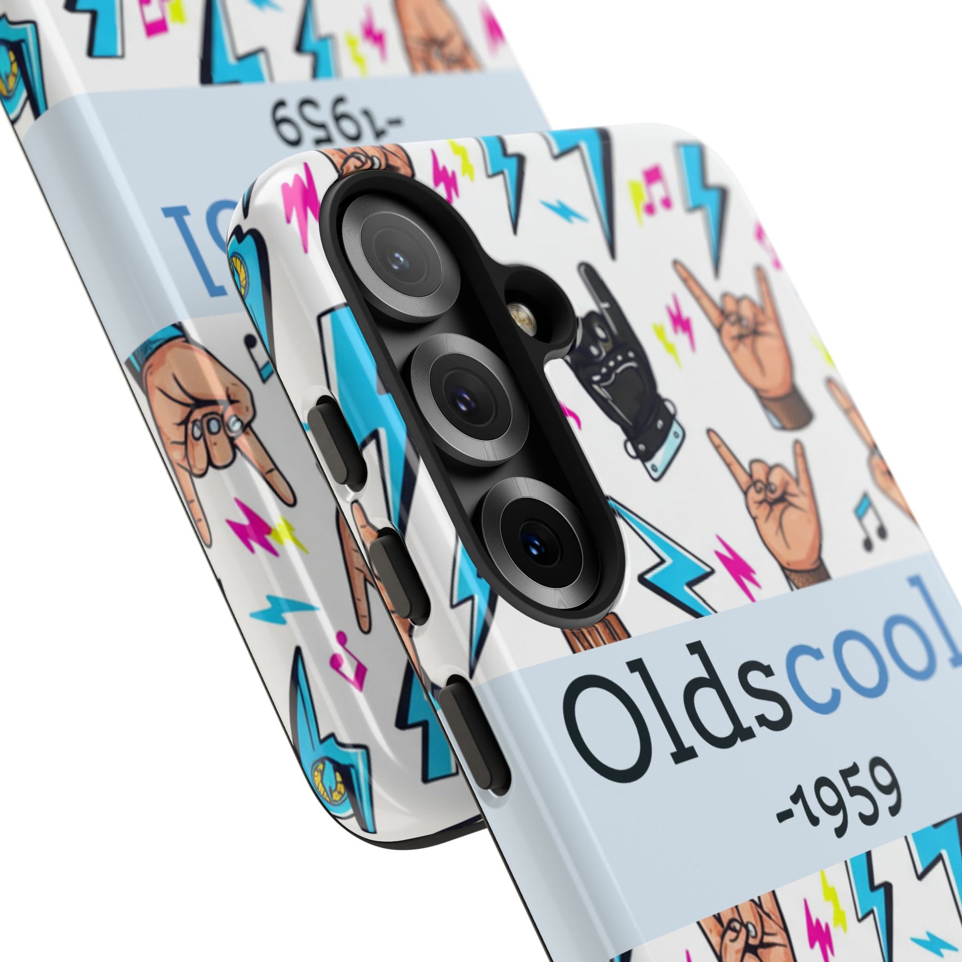 Retro Rock 'Oldscool 1959' Phone Case – Lightning & Rock Hand Pattern - Ramshackle Shack