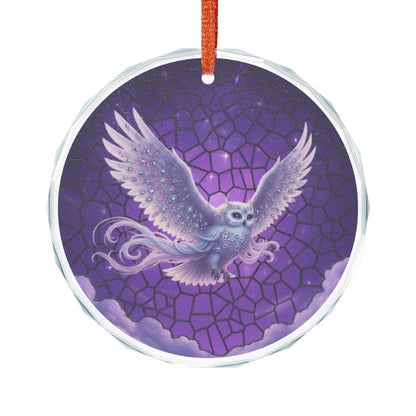 Colorful stained glass fantasy owl suncatcher ornament hanging as a home decor decoration with vibrant glass pieces.