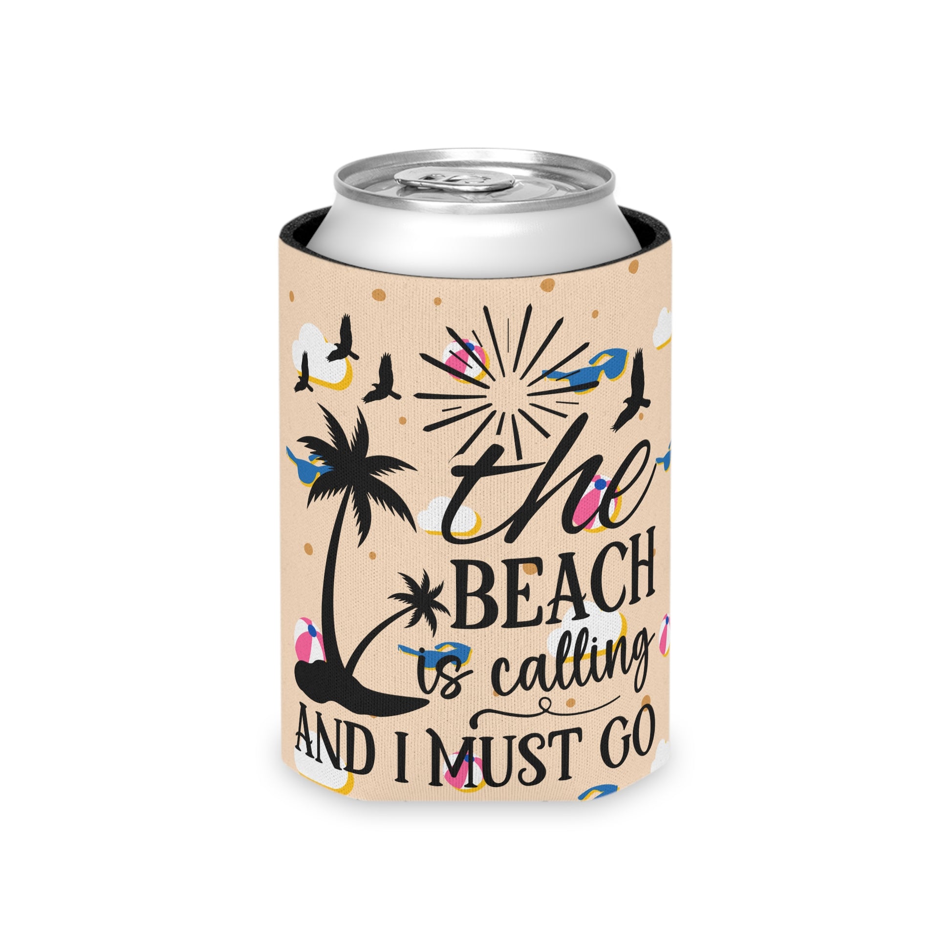 Can Cooler — “The Beach Is Calling, I Must Go” Tropical Palm & Sunglasses Design - Ramshackle Shack