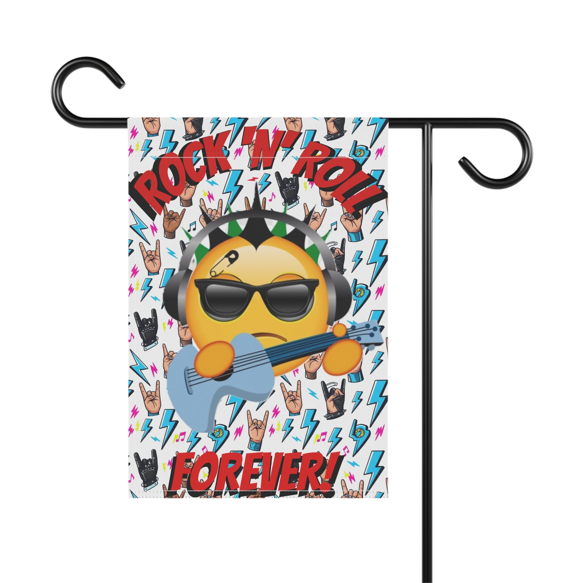 Rock 'N' Roll Forever Garden Flag — Emoji Guitarist Garden Banner - Ramshackle Shack