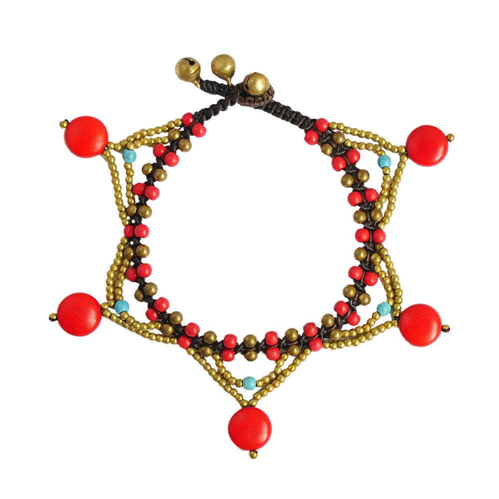 Multicolor turquoise bell anklet with five-star charms and silver chain from Zendrop, featuring vibrant beads and dangling bells.
