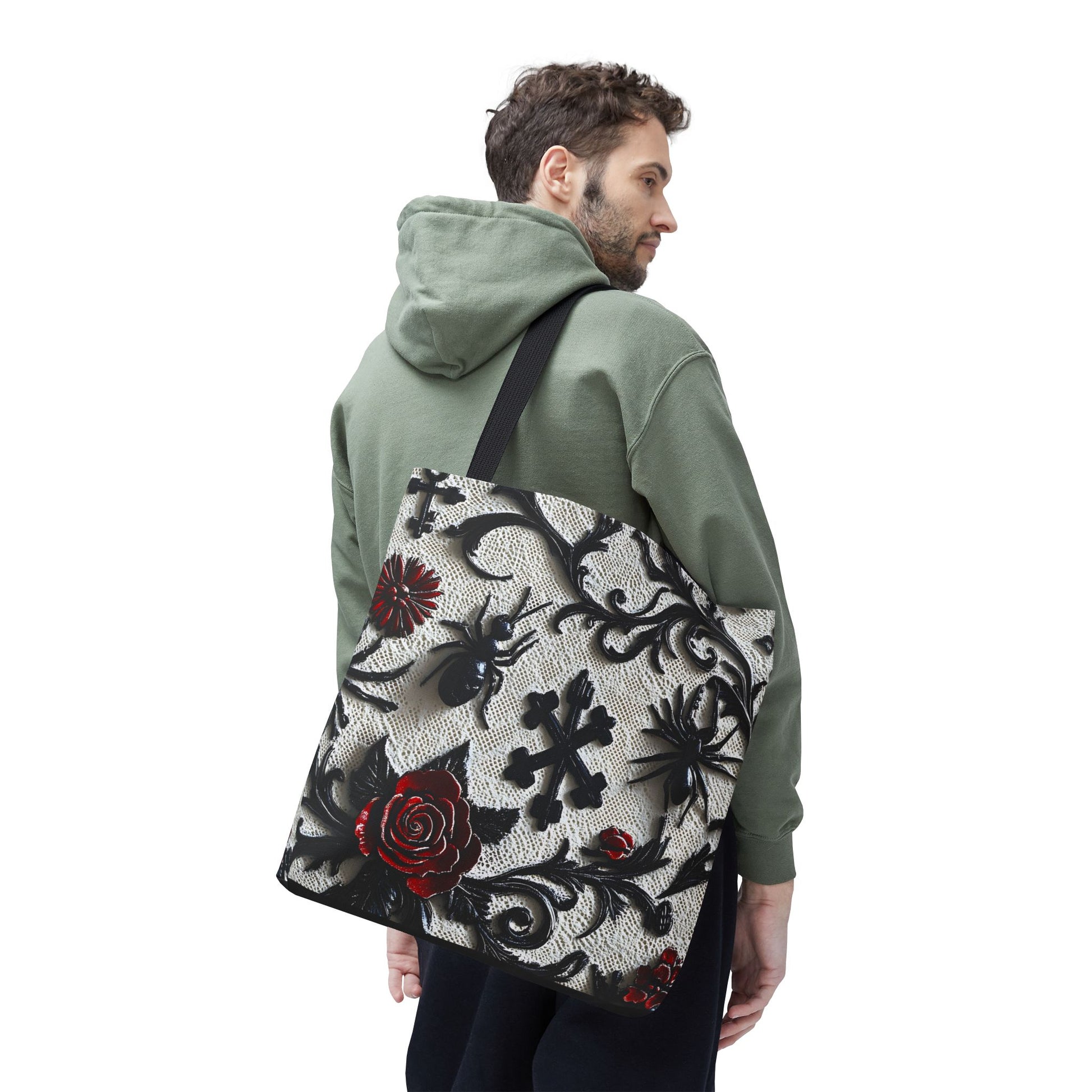 Gothic filigree tote bag with ornate dark floral all-over print, featuring intricate black and purple floral designs on sturdy fabric.