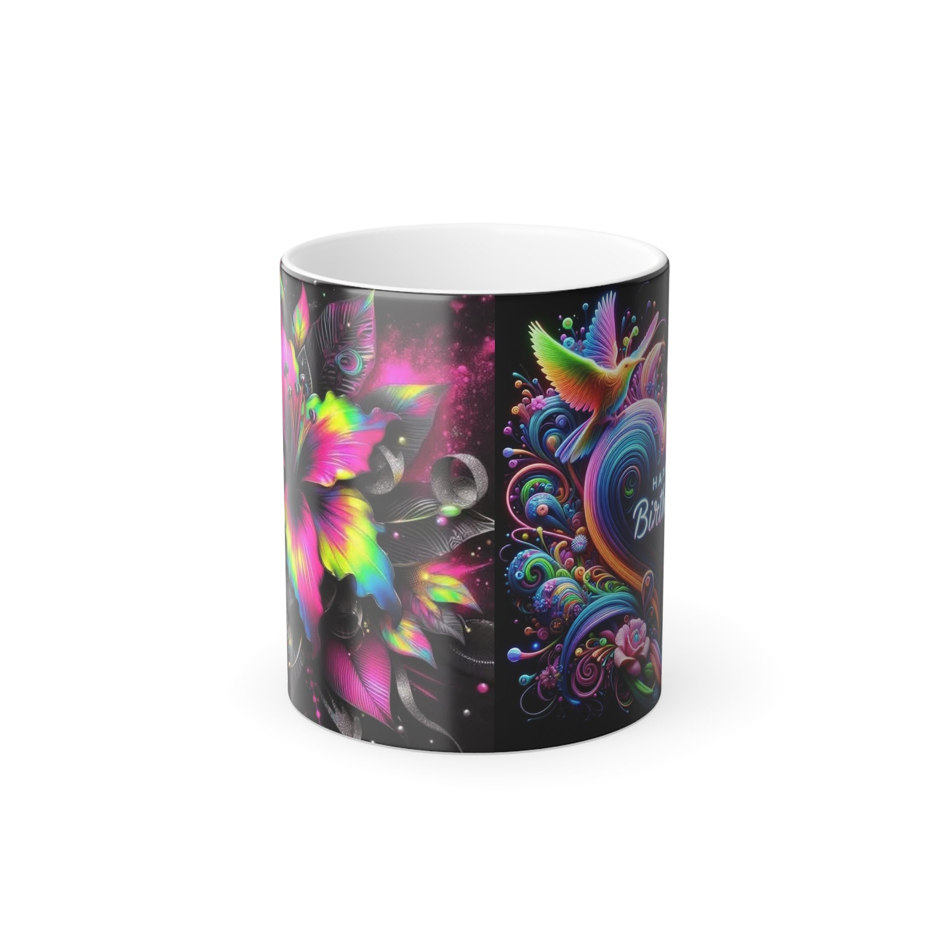 Color Morphing Mug — Neon Floral Heart with Hummingbird & Butterfly, 'Happy Birthday' Heat‑Reveal (11oz) - Ramshackle Shack
