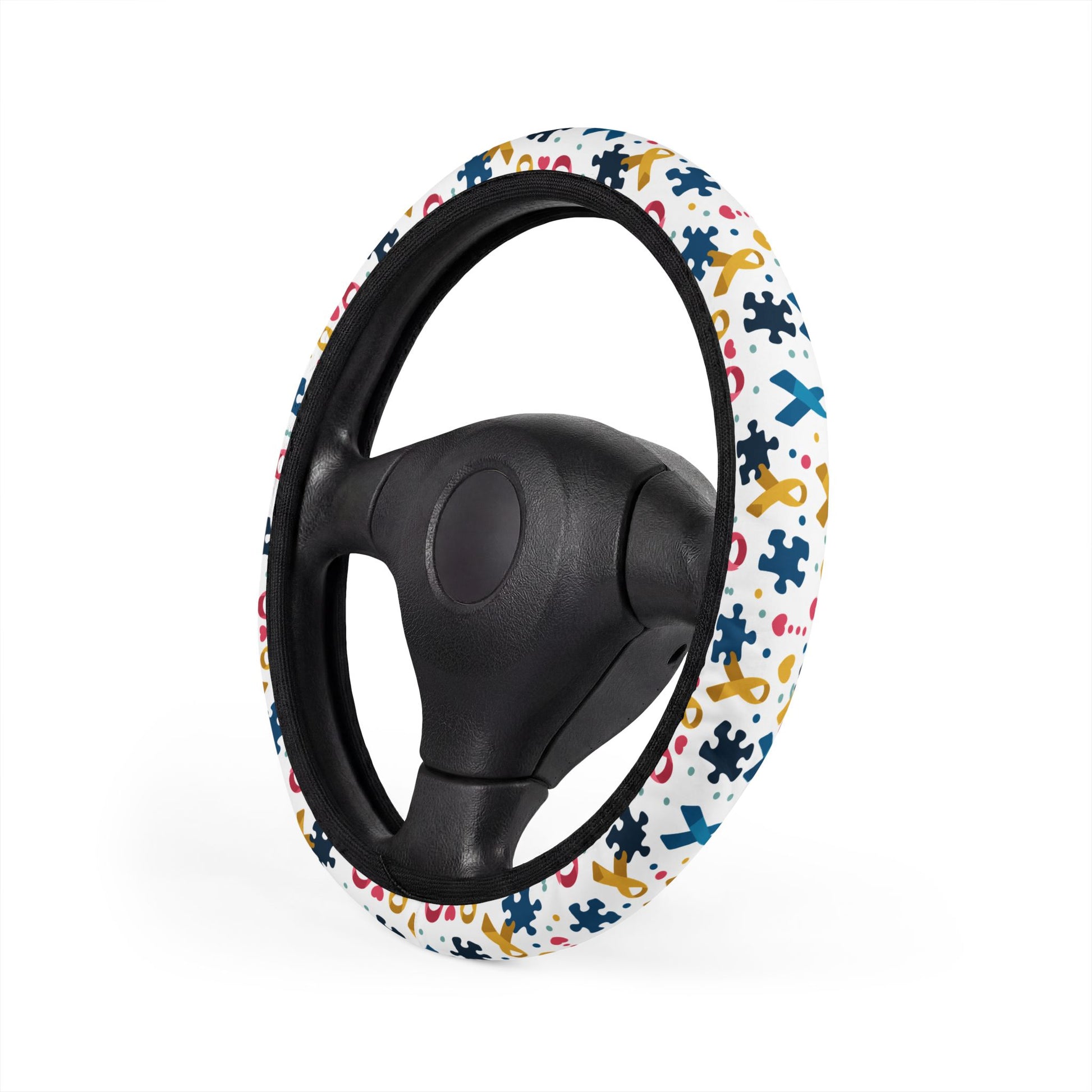 Autism awareness puzzle piece steering wheel cover, accessory with colorful puzzle design for cars, by Printify.