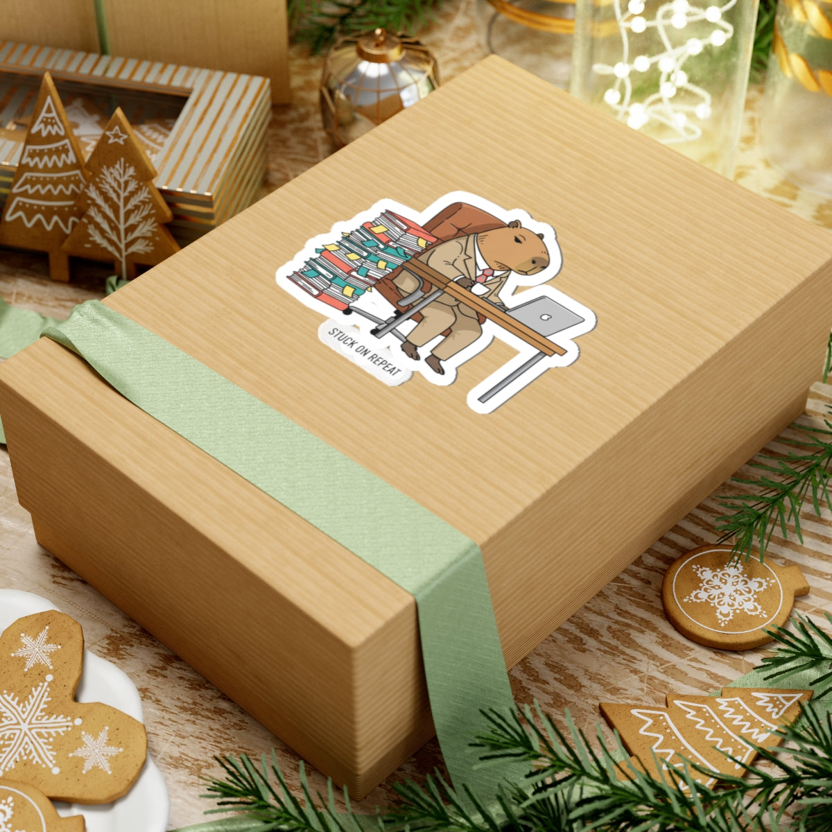 Sticker of a capybara with a humorous office theme, part of the Stuck on Repeat Capybara Office Sticker collection.