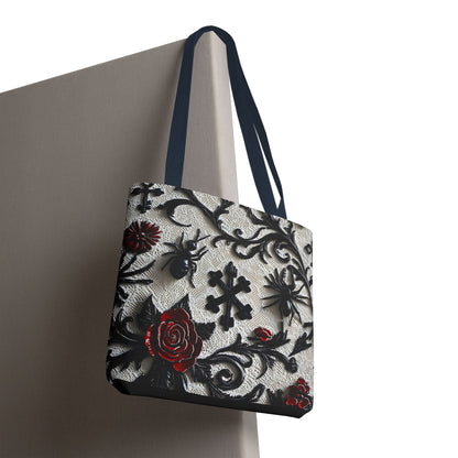 Gothic filigree tote bag with ornate dark floral print, featuring intricate black floral designs on a spacious bag for stylish carry.