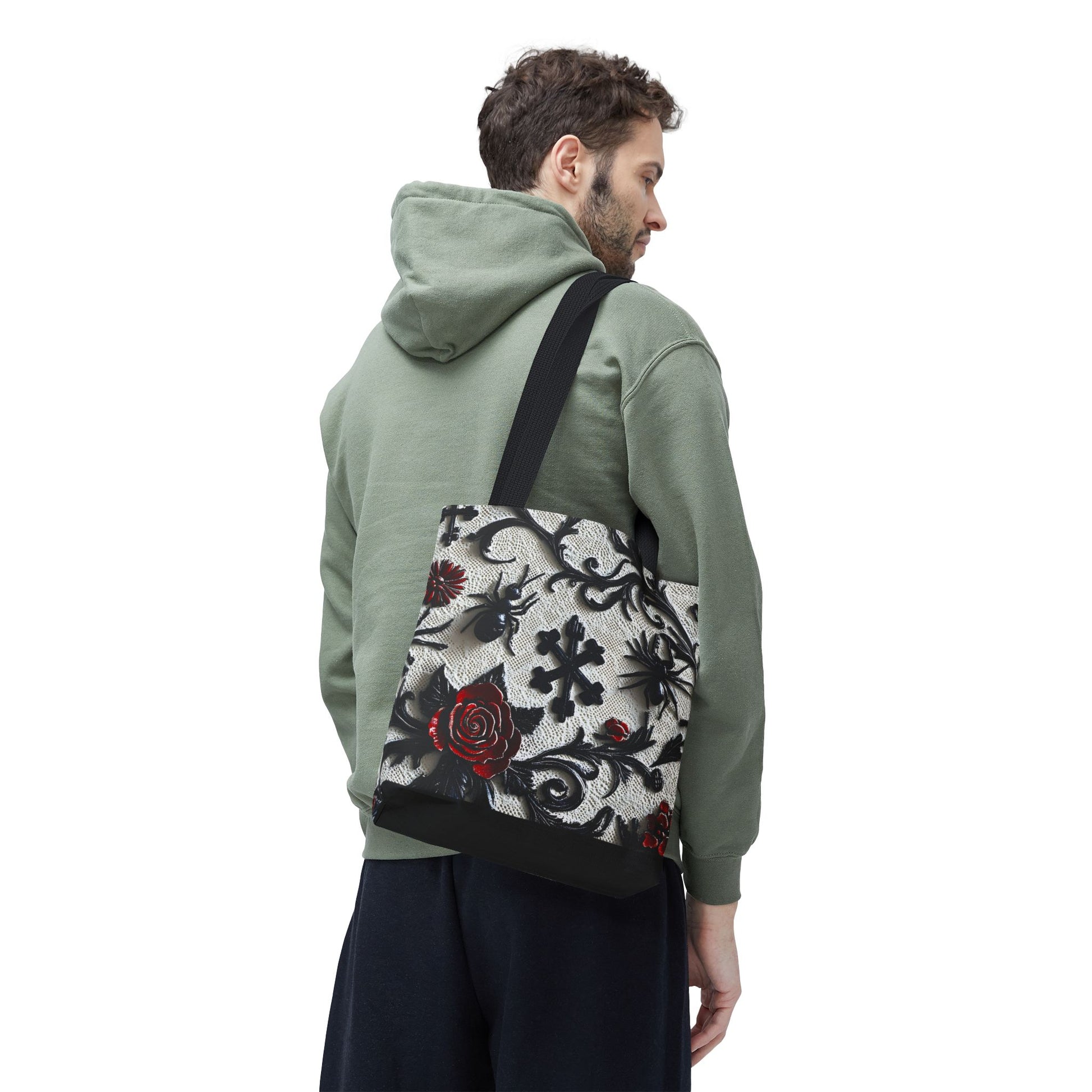 Gothic filigree tote bag with ornate dark floral all-over print, stylish bags by Printify featuring intricate design and spacious interior.
