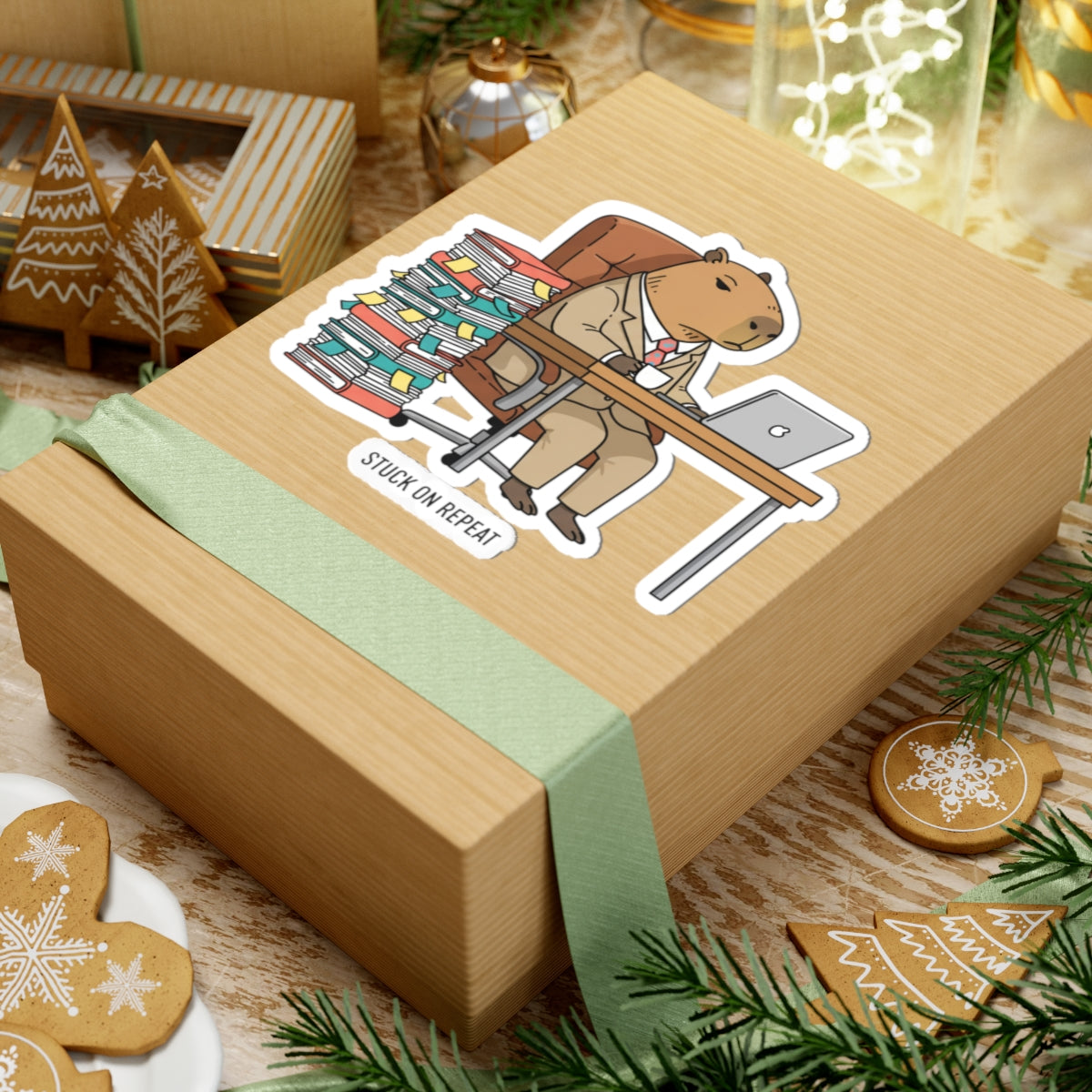 Stuck on Repeat Capybara office sticker featuring an unhinged animal illustration for office decor or stationery.