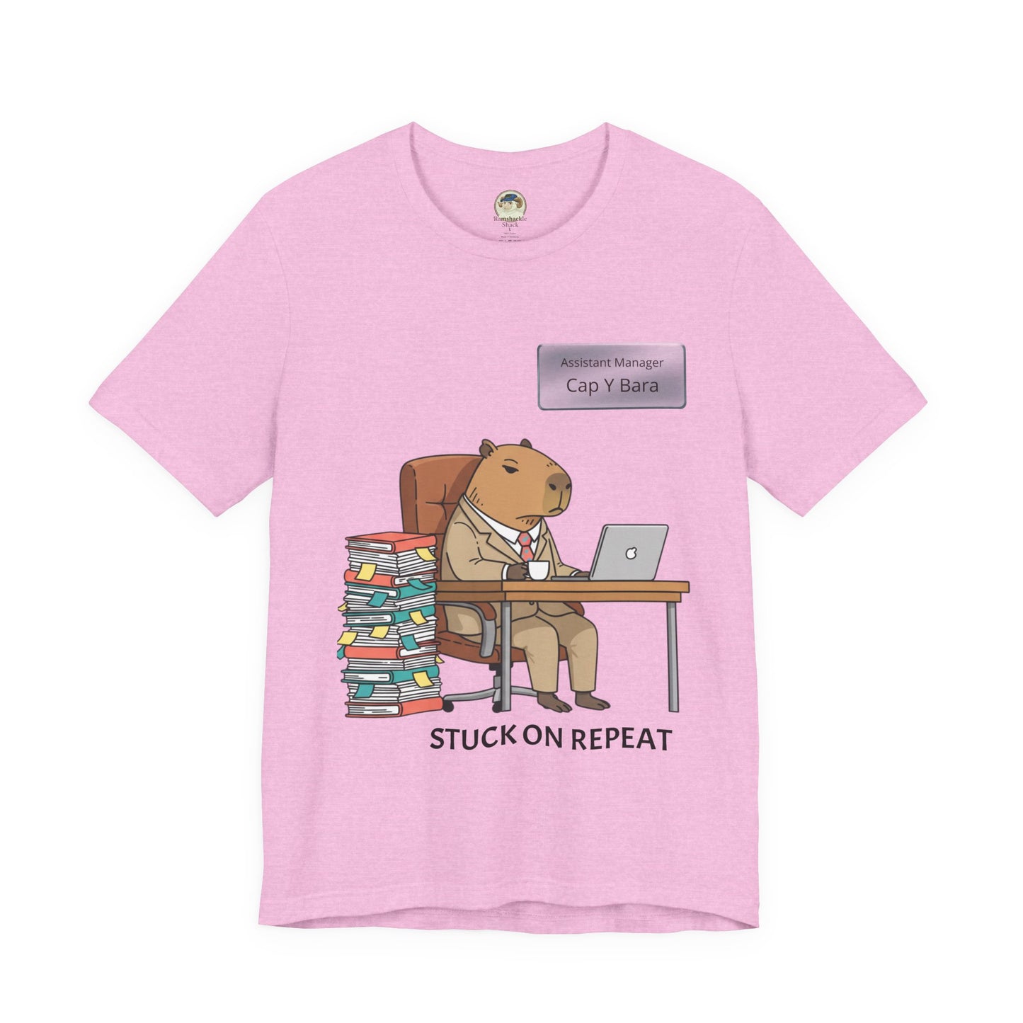 Gray T-shirt featuring a capybara illustration and personalized nameplate design, ideal for casual wear and animal lovers.