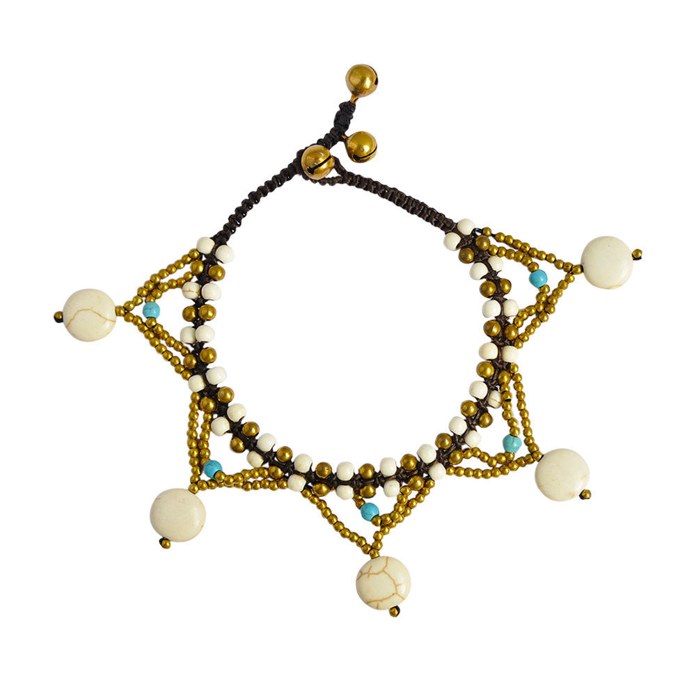 Multicolor turquoise bell anklet with five-star design and silver chain, featuring small bell charms, worn around the ankle.