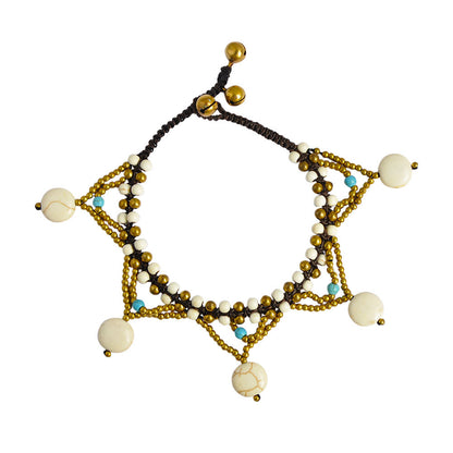 Multicolor turquoise bell anklet with five-star design and silver chain, featuring small bell charms, worn around the ankle.