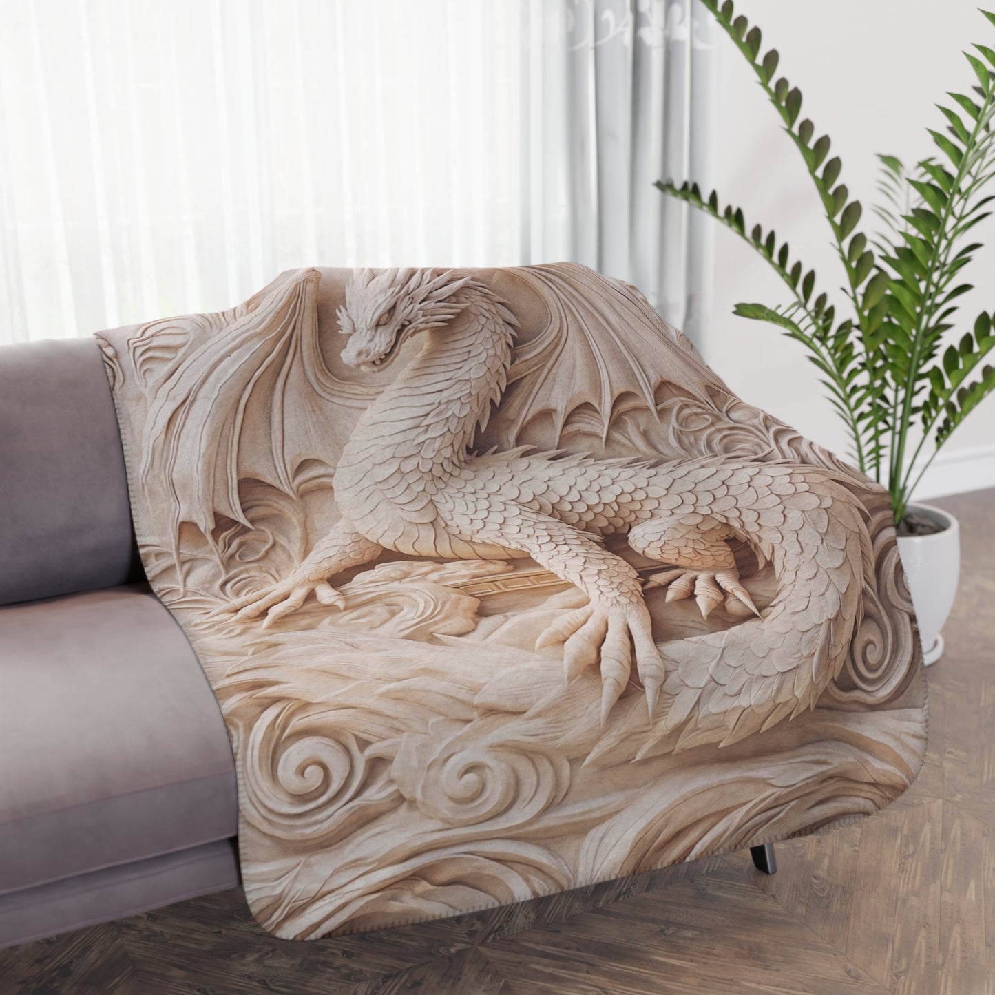 Tan Dragon Sherpa blanket with cozy sculpted dragon design, perfect for home decor and added warmth.