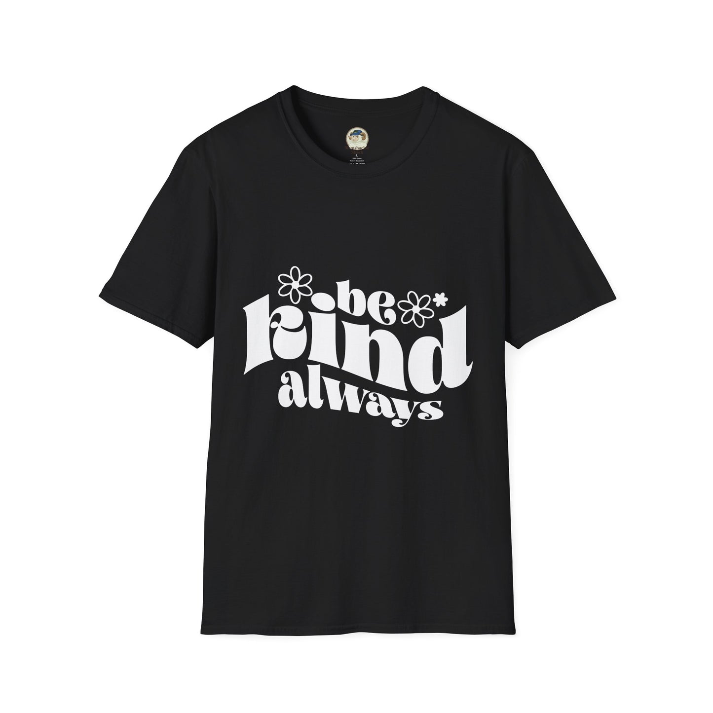 Unisex softstyle T-shirt with "Be Kind Always" and "Don't Be A Dickasaurus" printed design, in black.