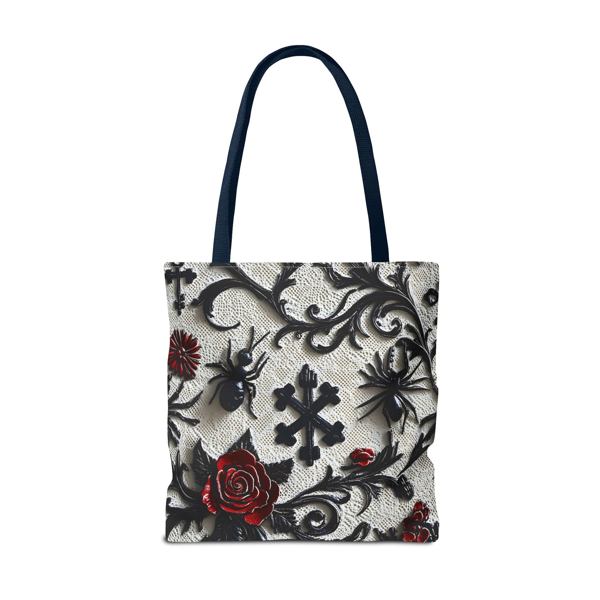 Gothic filigree tote bag with dark floral all-over print, featuring ornate design and sturdy black handles.