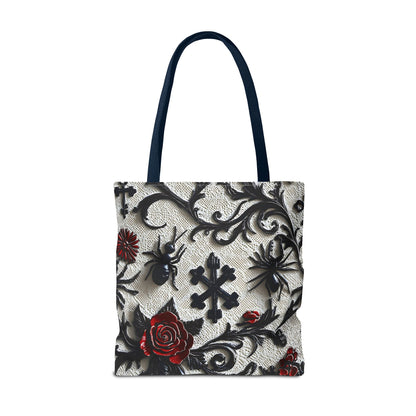 Gothic filigree tote bag with dark floral all-over print, featuring ornate design and sturdy black handles.