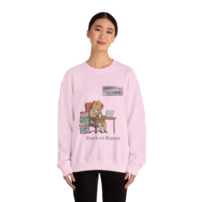 Gray sweatshirt featuring an illustration of an office capybara at desk from the Unhinged Animal Bureaucracy collection.
