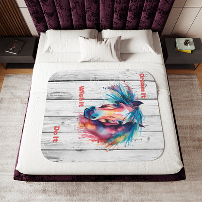 Watercolor horse Sherpa blanket with two-tone cozy throw design, perfect for home decor and warmth.