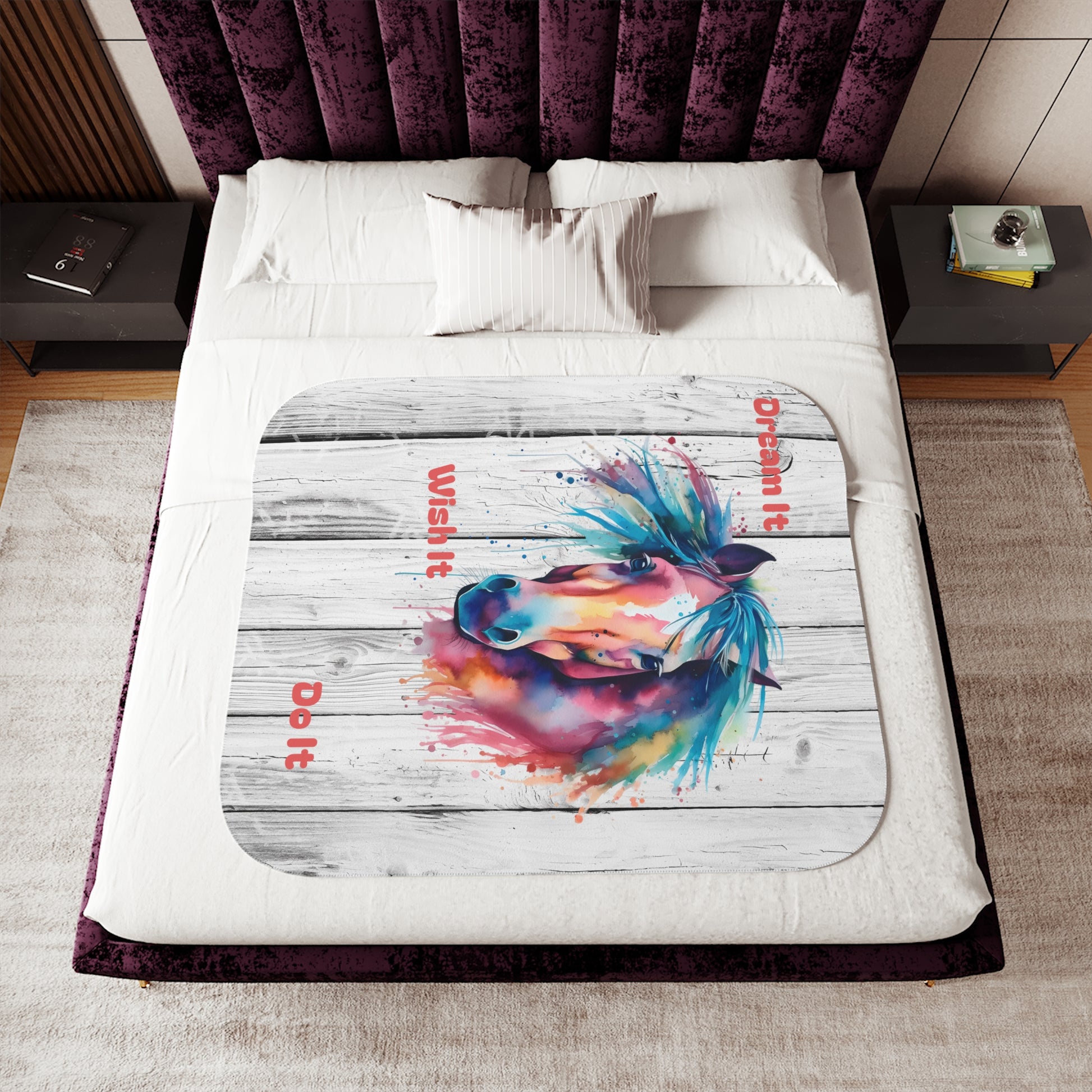 Watercolor horse Sherpa blanket featuring a two-tone design, perfect for cozy home decor and comfortable throws.
