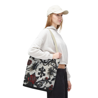 Gothic filigree tote bag with ornate dark floral all-over print, stylish bag featuring intricate design and spacious interior.