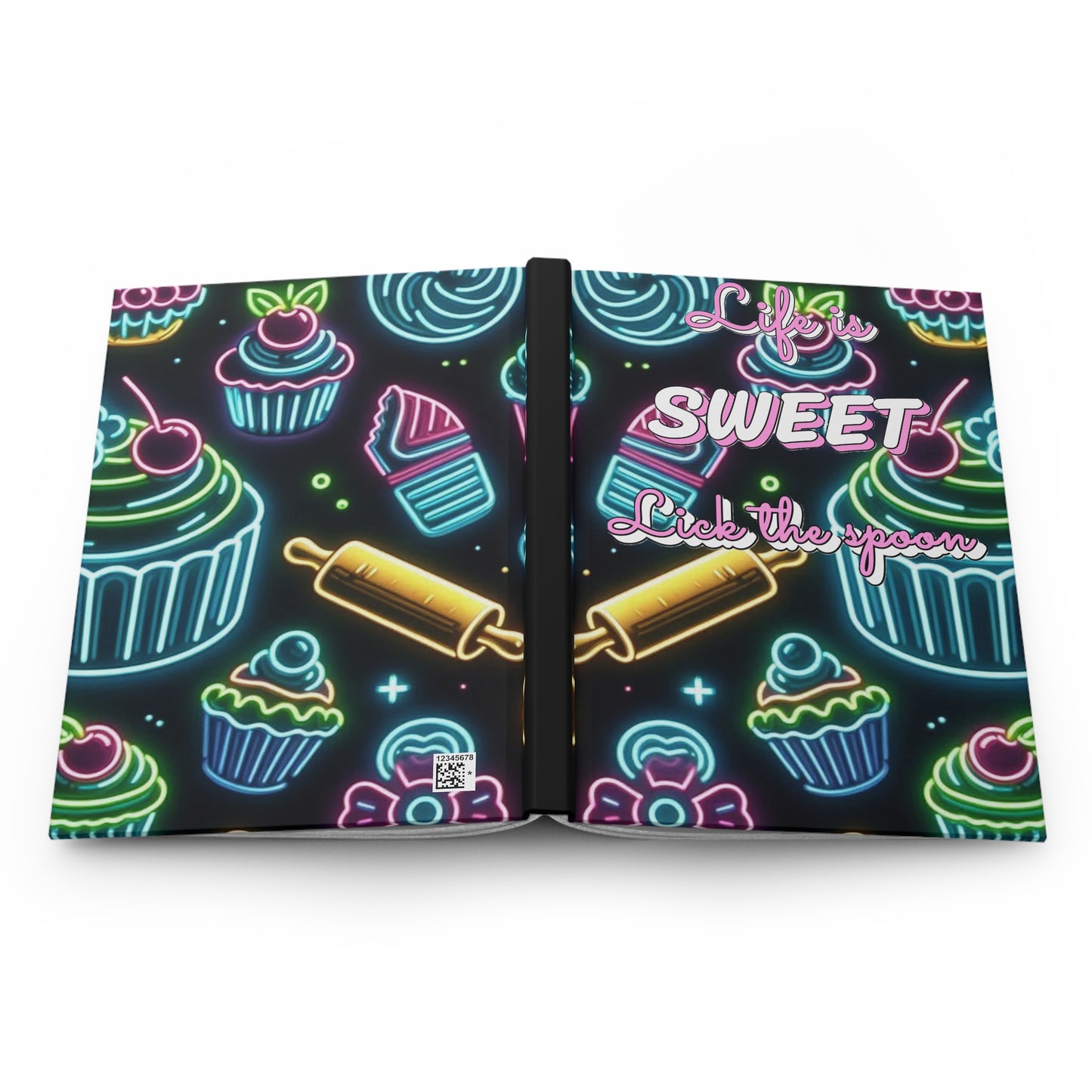 Neon hardcover journal titled "Life is Sweet, Lick the Spoon" with colorful design, ideal for note-taking or journaling.
