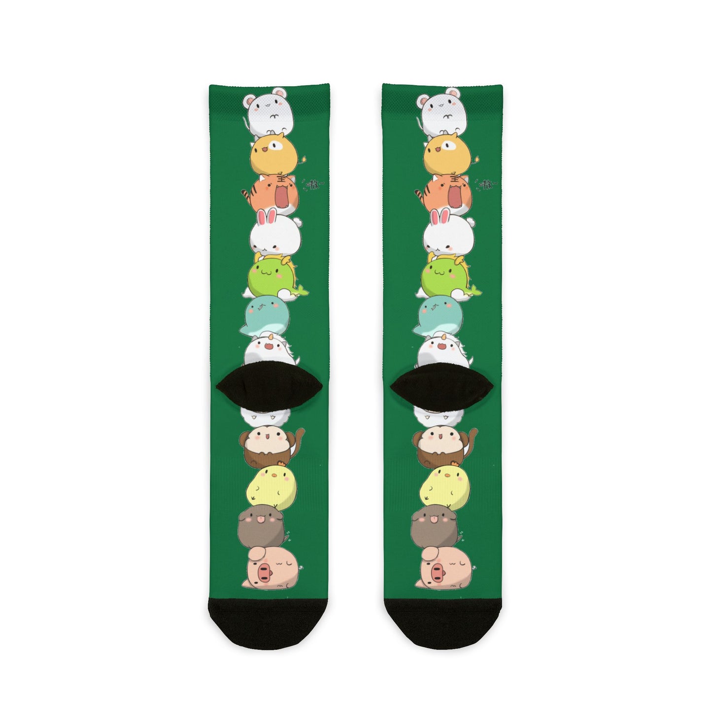 Green crew socks with colorful stacked cartoon animal print, featuring cute kawaii animal designs for all-over sublimation.