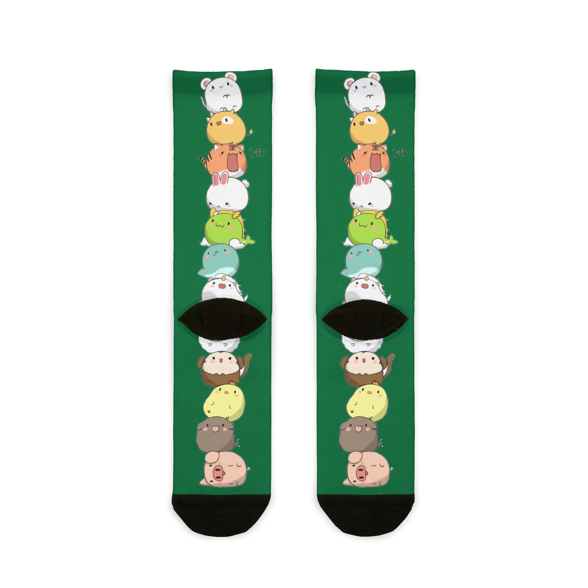 Green crew socks with colorful stacked cartoon animal print, featuring cute kawaii animal designs for all-over sublimation.